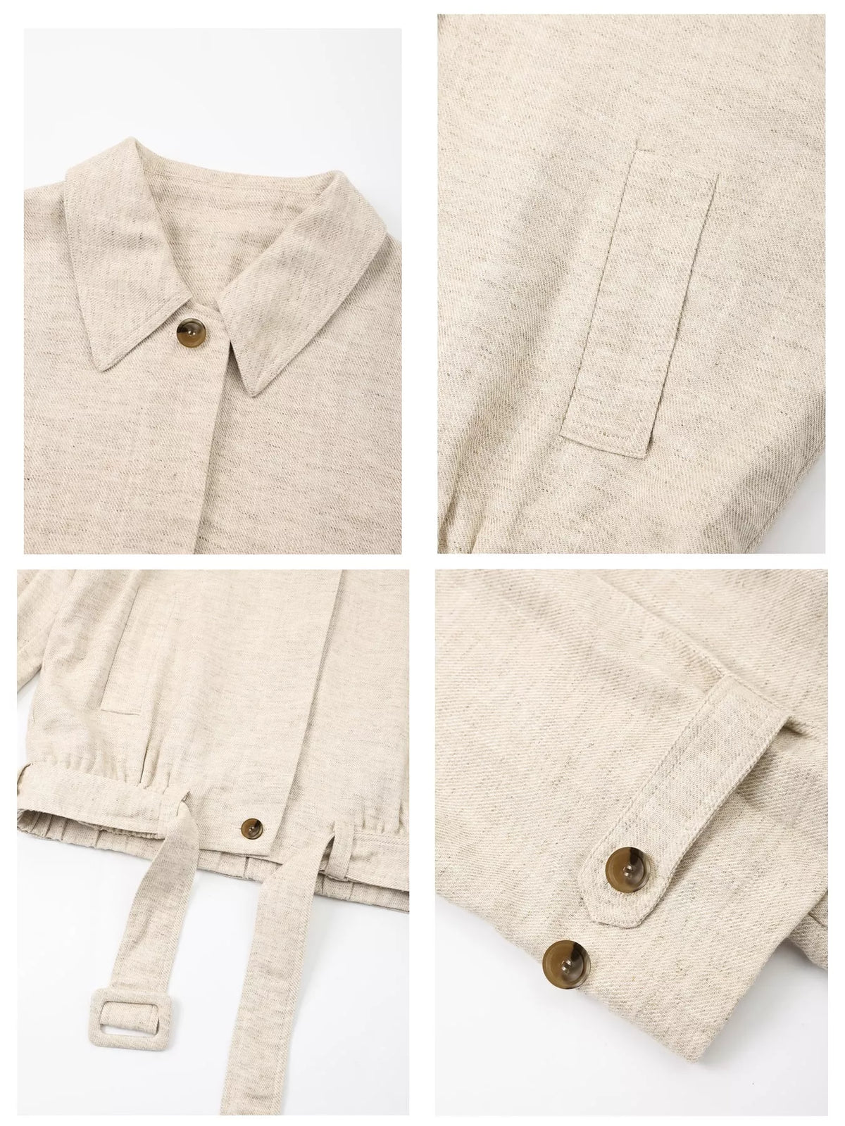 Cream belted dropped shoulder jacket — design and construction details