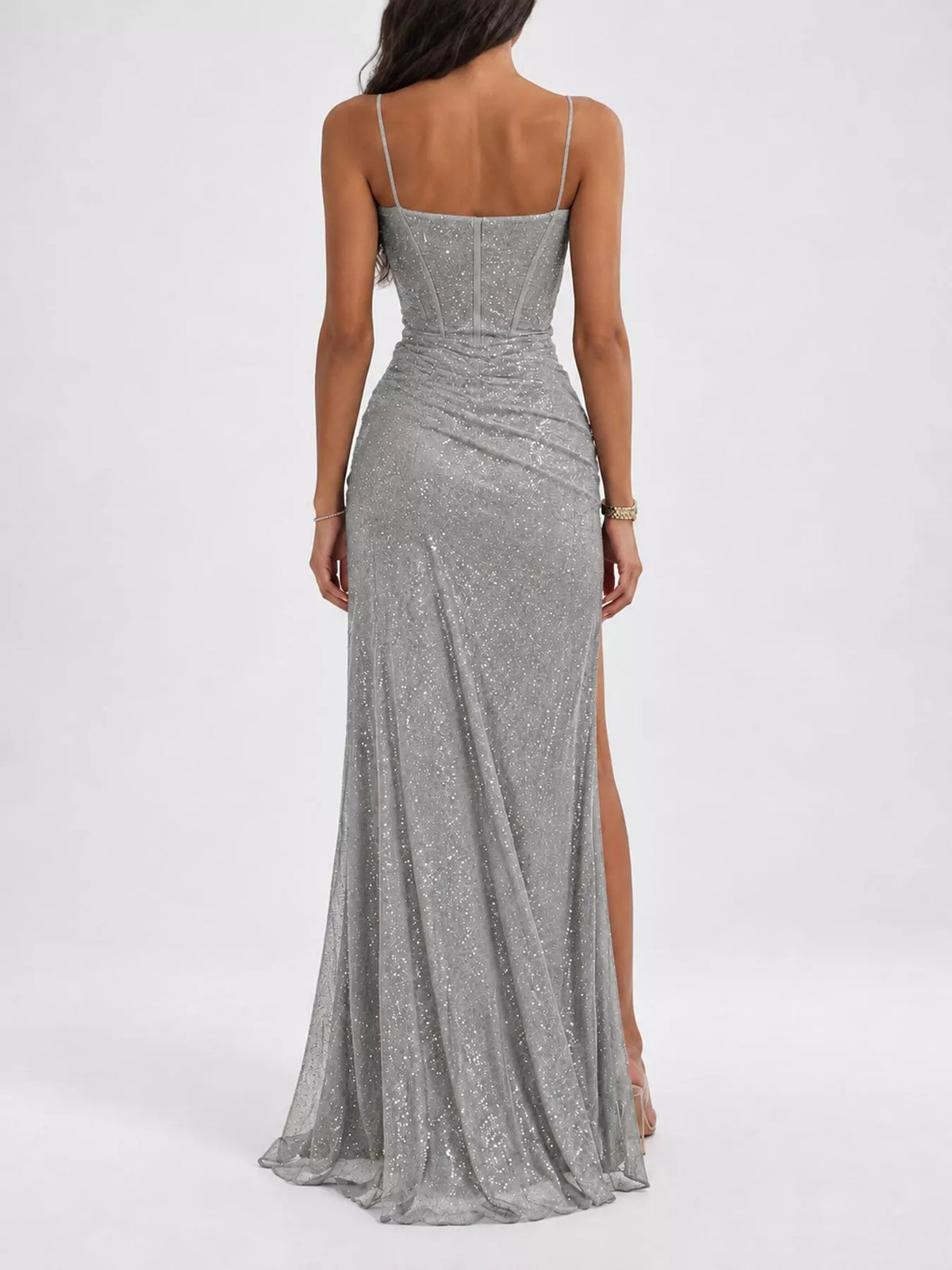 Silver high-slit glitter maxi evening dress — back view