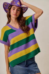 Trendsi SO ME Mardi Gras Loose Fit V Neck Stripe Sweater Top -