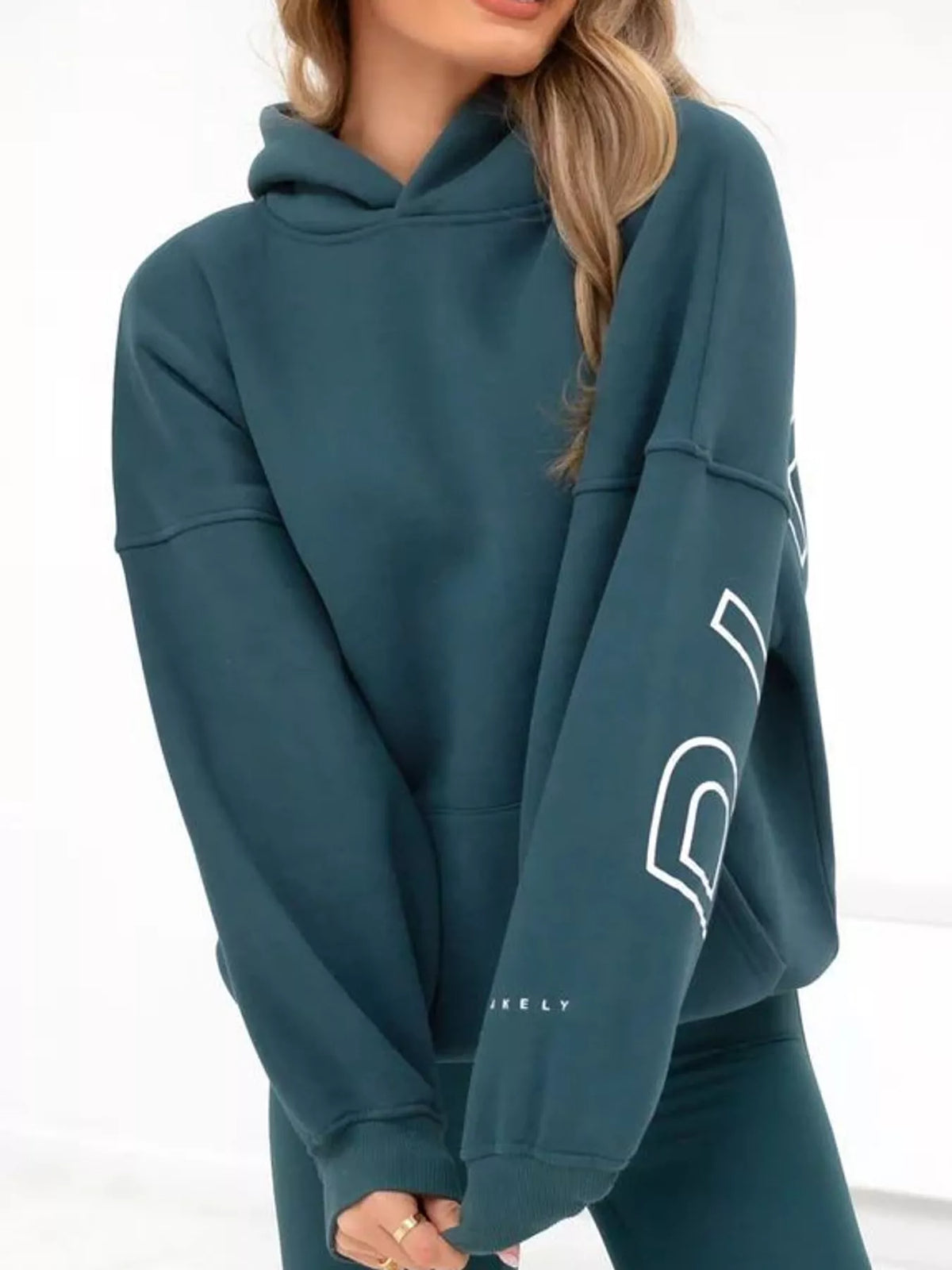 Teal letter-print pullover hoodie with kangaroo pocket