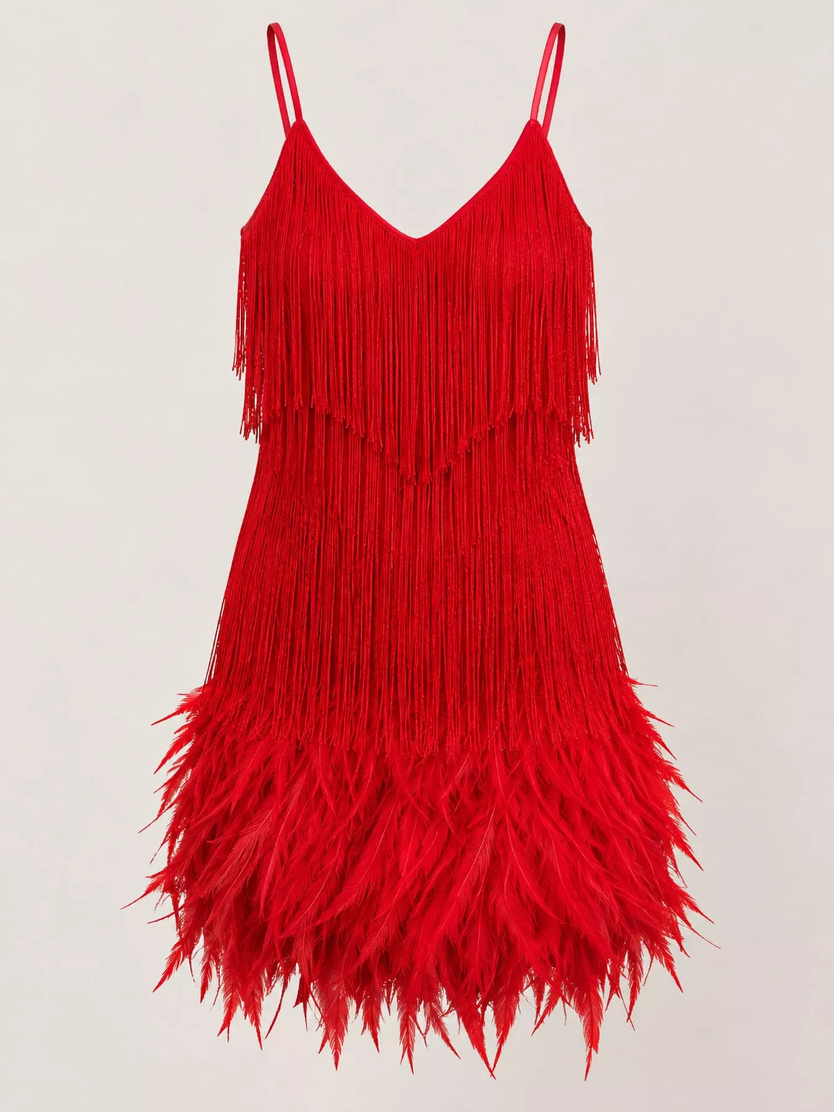 Red feather fringe sequin mini dress, front view