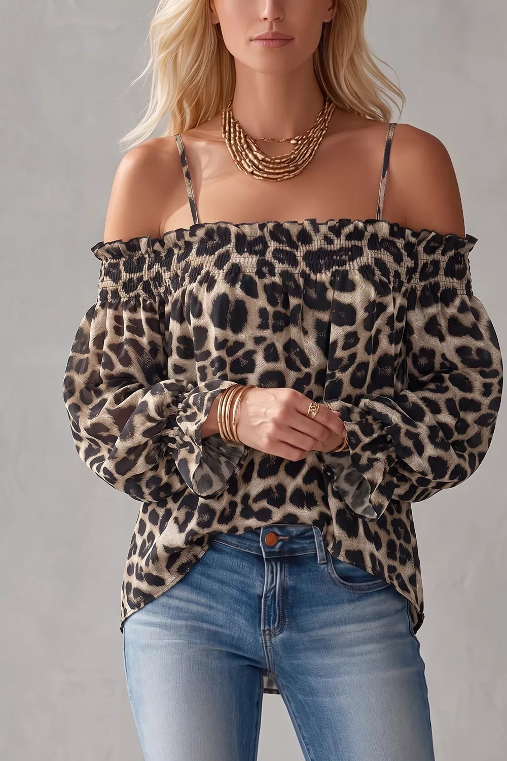 Trendsi Spaghetti Strap Leopard Long Sleeve Blouse -