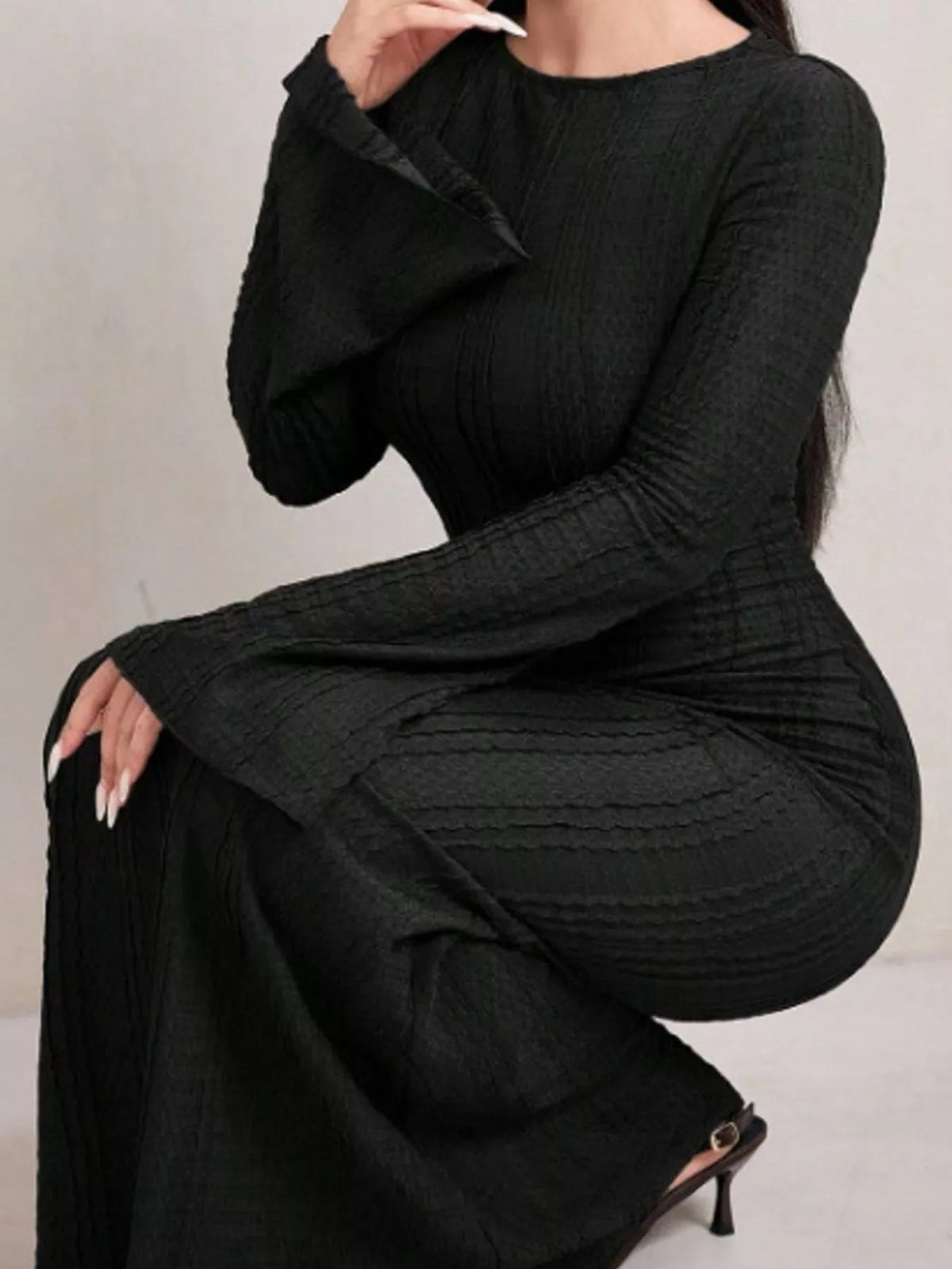 Textured Flare Sleeve Bodycon Maxi Dress in black