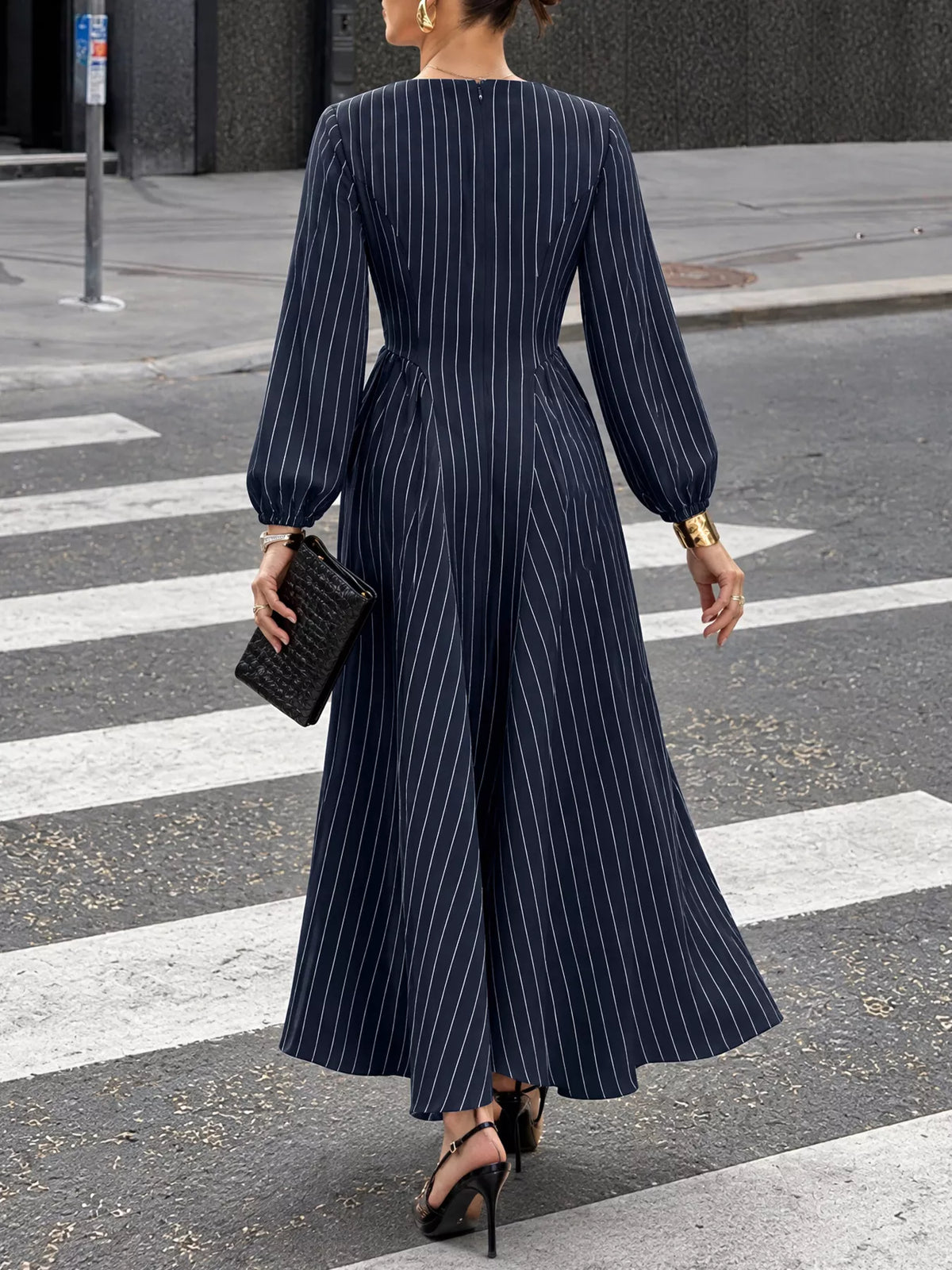 Striped Balloon Sleeve Maxi Dress — back view