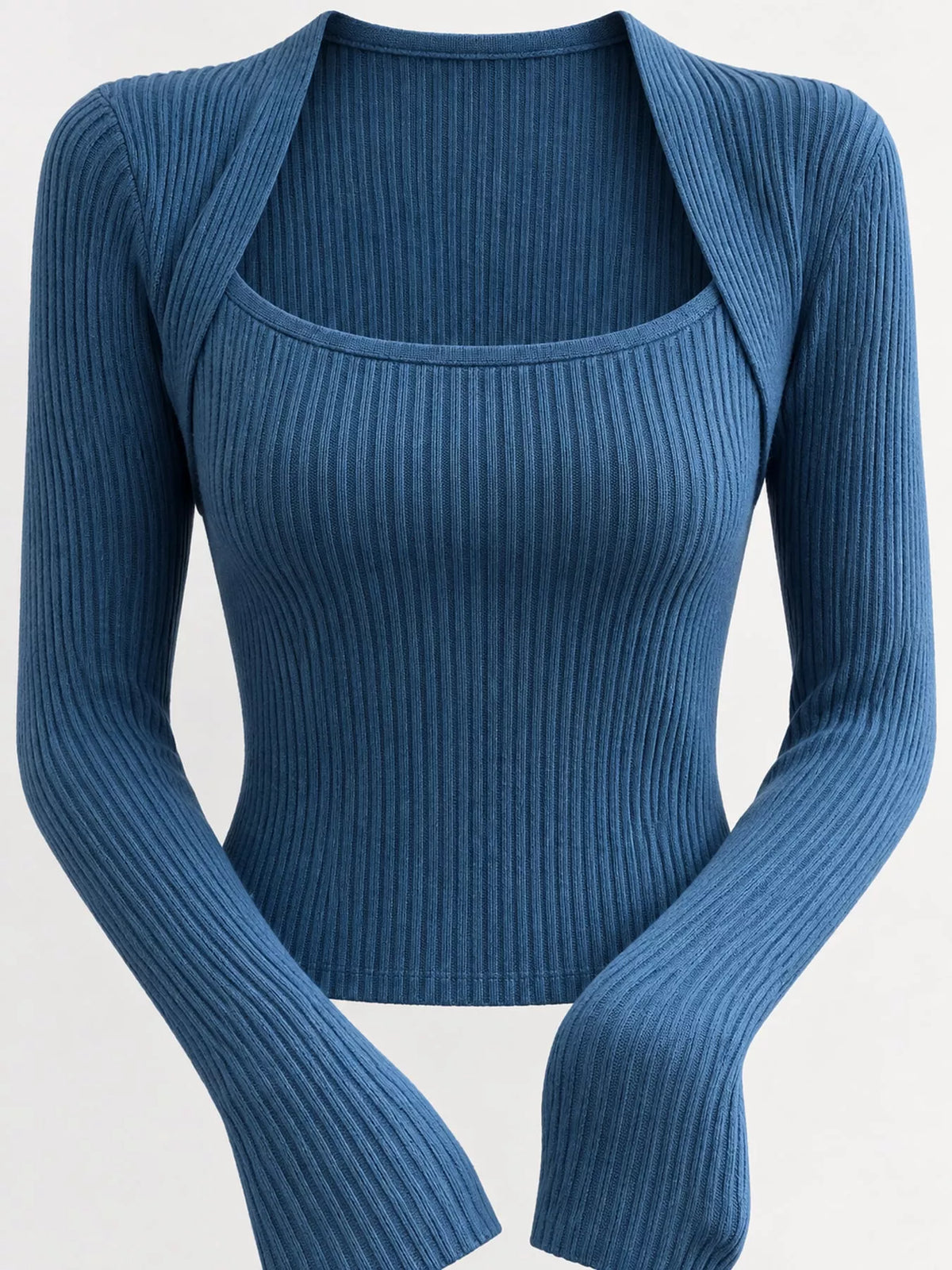 Blue square neck ribbed knit slim-fit top