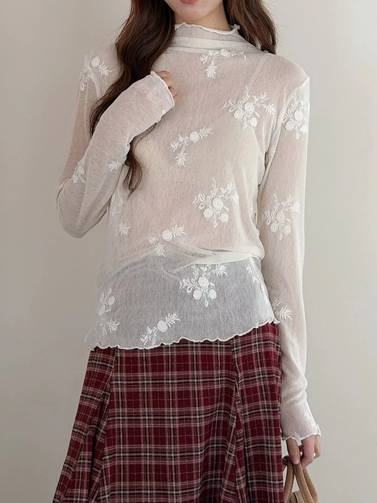 Sheer Floral Embroidered Mock Neck Blouse — front view