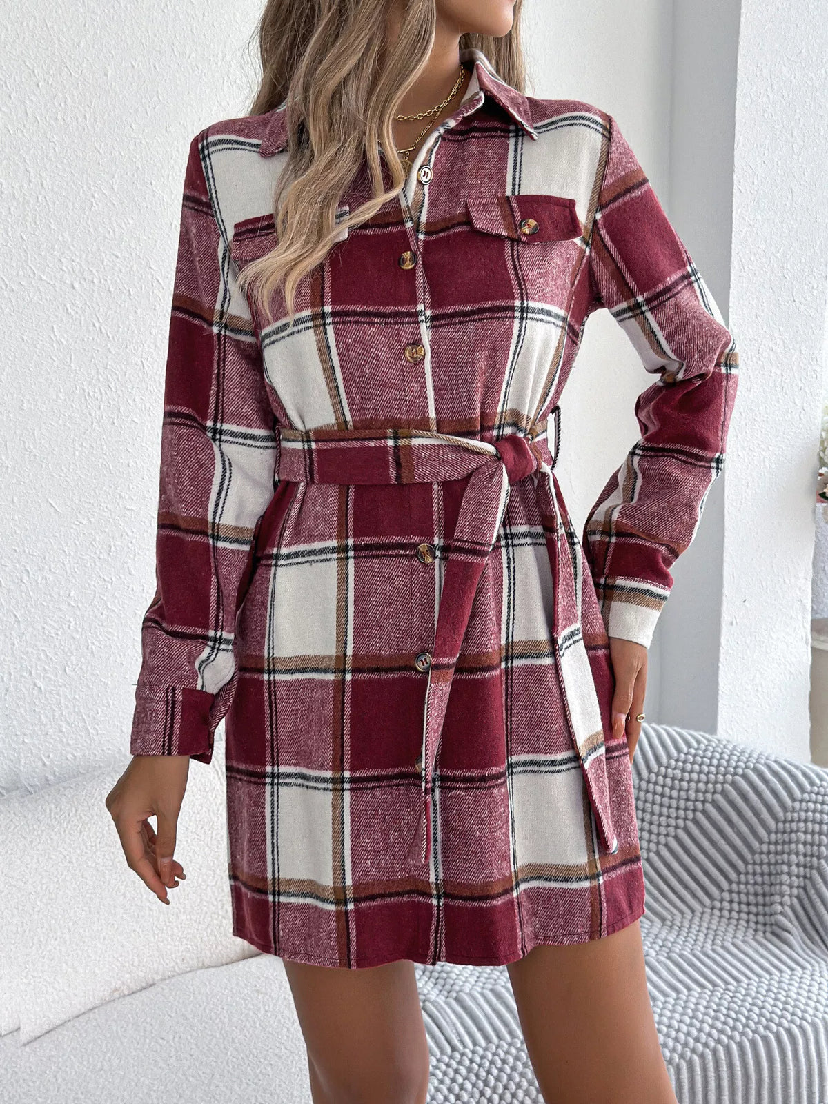 Red plaid button-front belted shirt dress