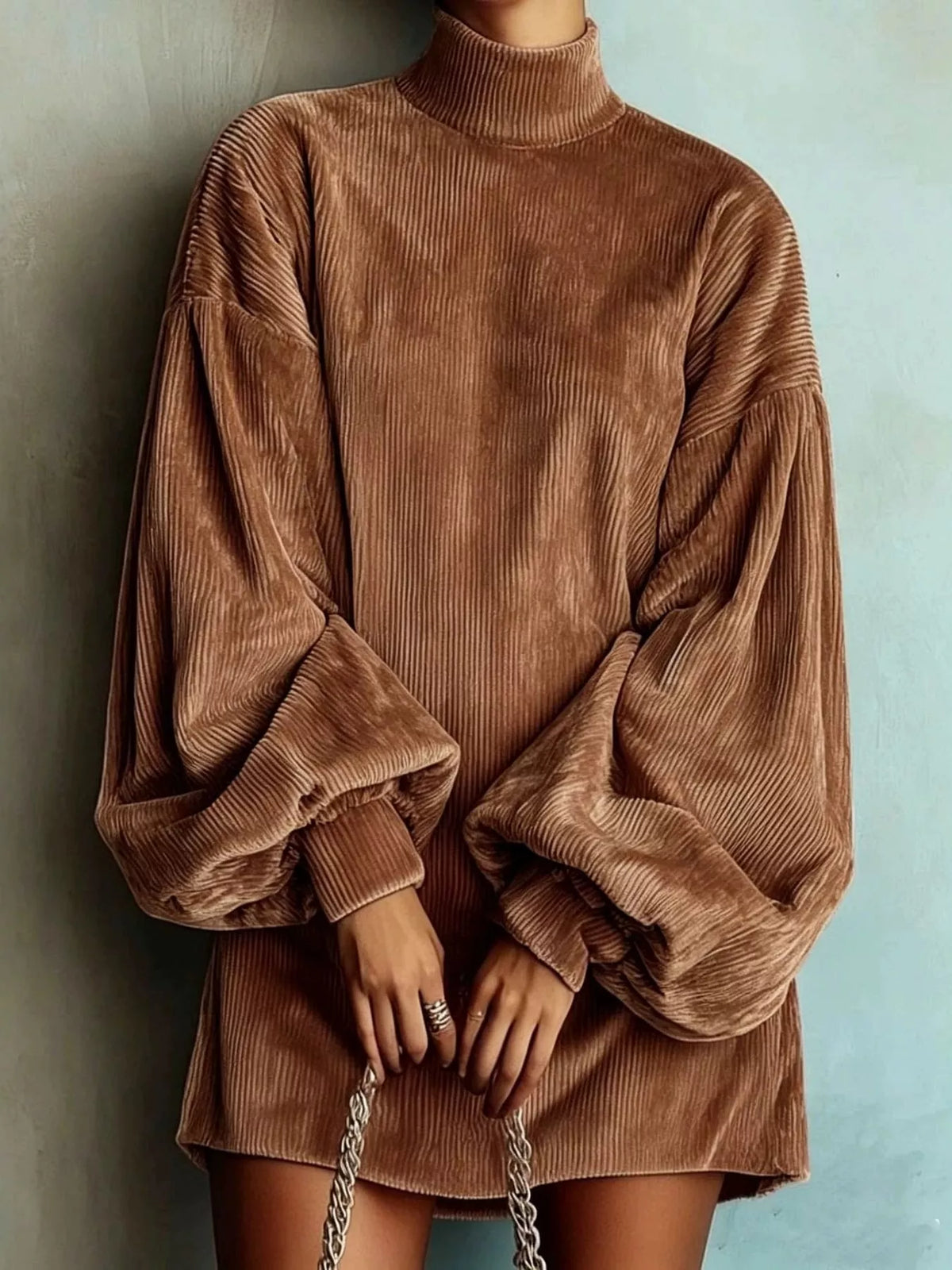 Corduroy Mock Neck Lantern Sleeve Mini Dress in brown, front view