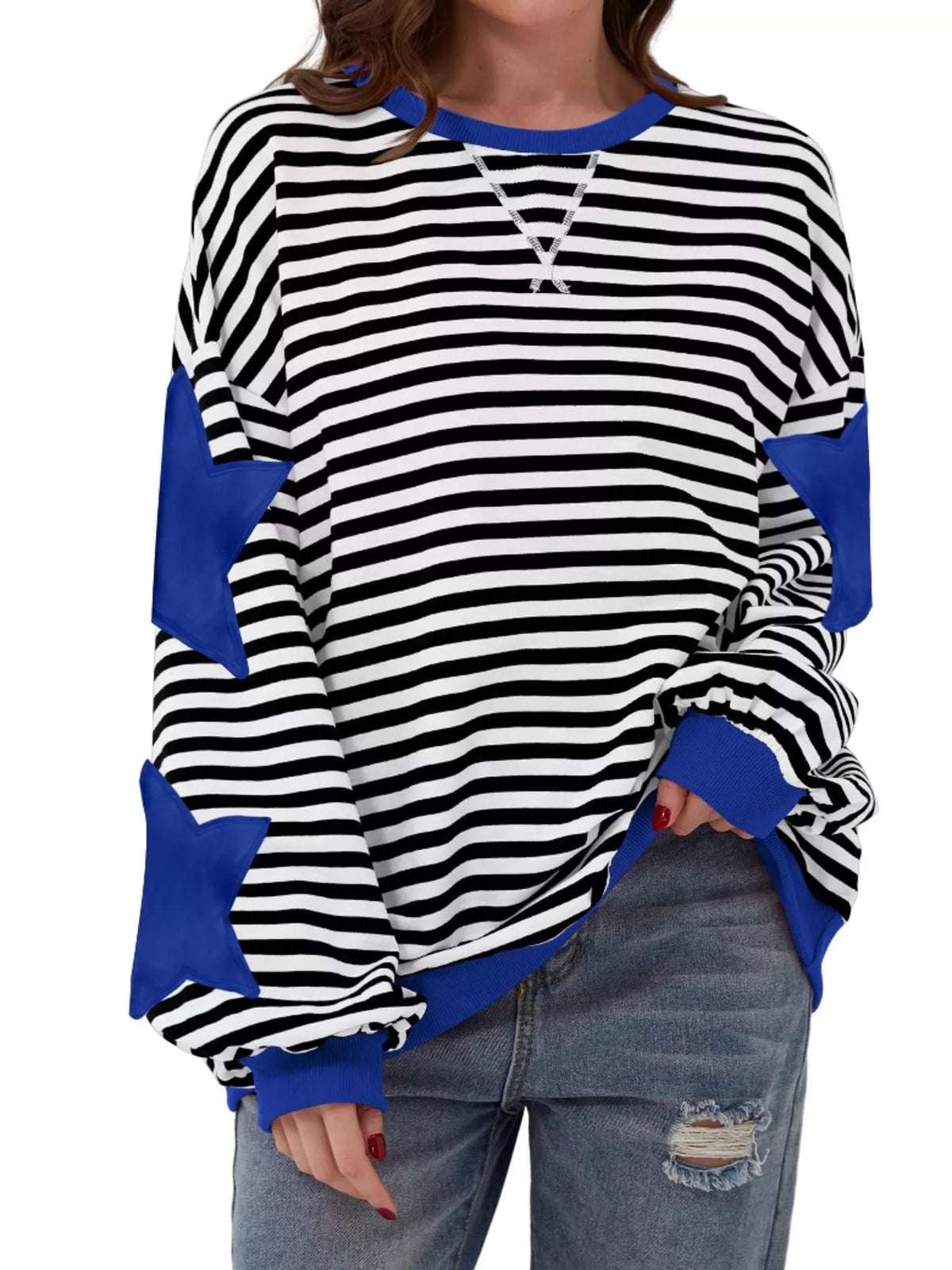 Blue Star-Patch Striped Oversized Sweatshirt front view
