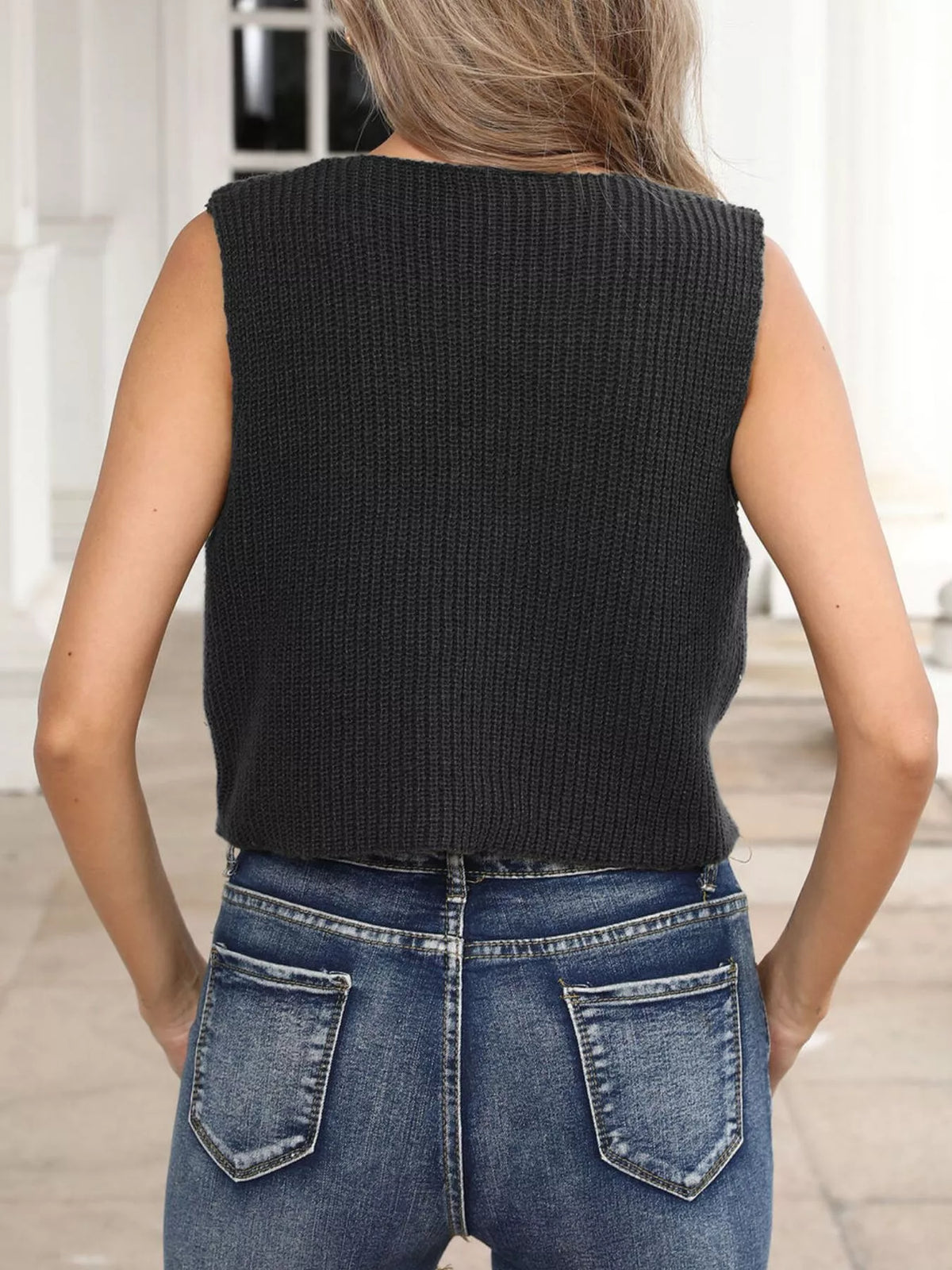 Black Tie-Front Sweater Tank back view