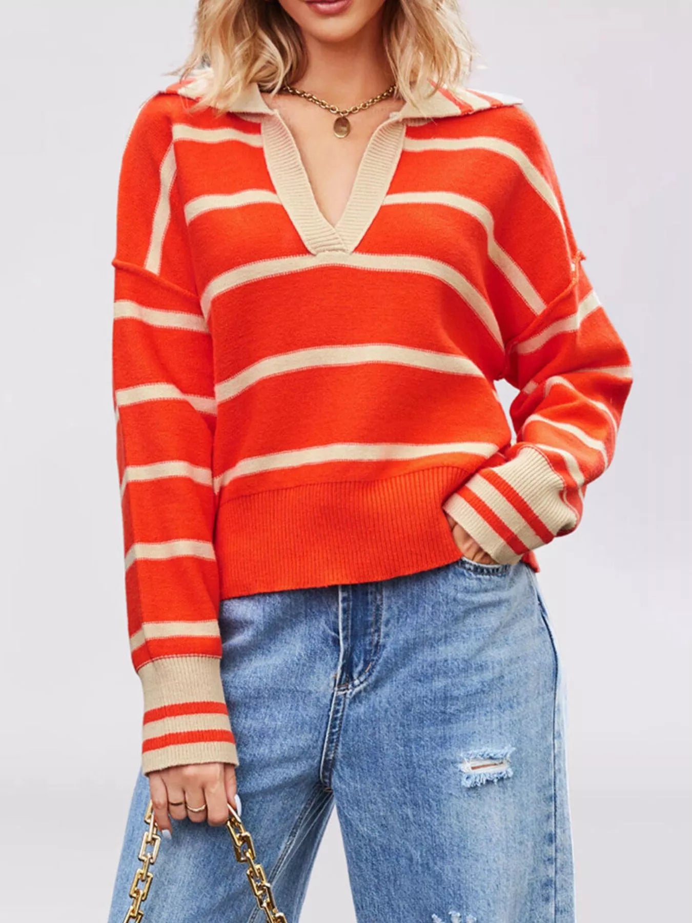 Trendsi Striped Johnny Collar Dropped Shoulder Sweater -