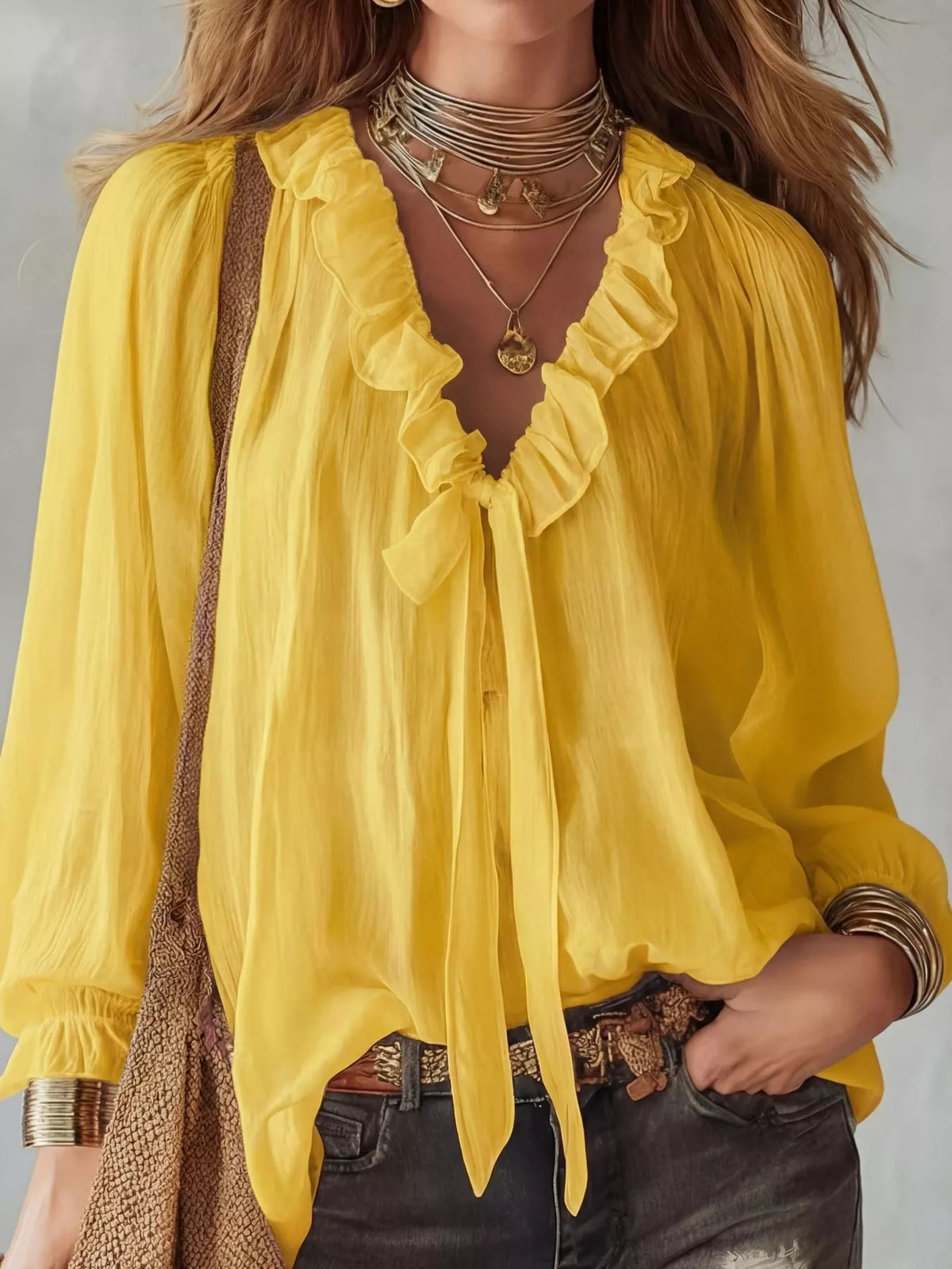V-neck long sleeve blouse, front view on model
