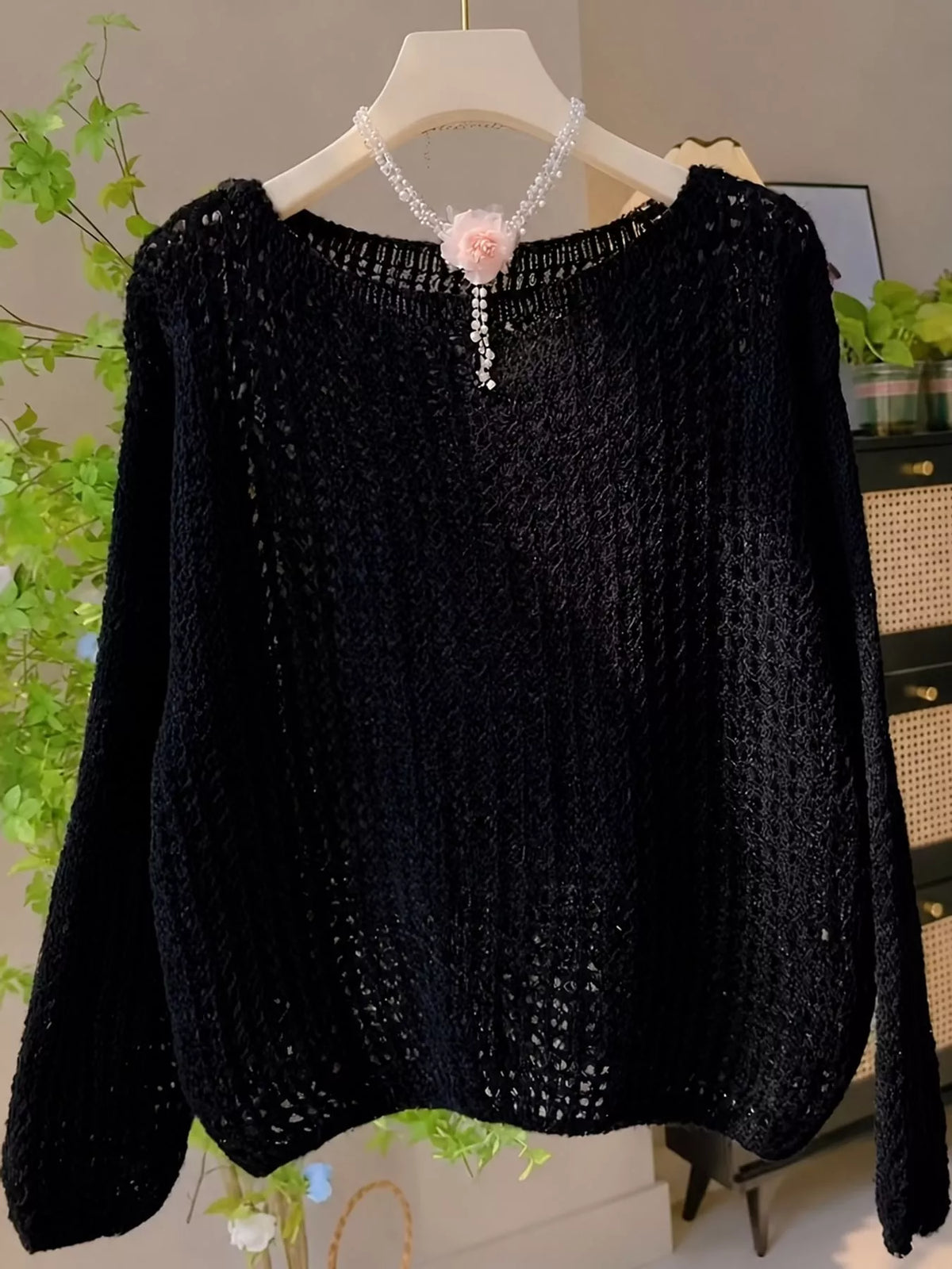 Black openwork knit cover-up top