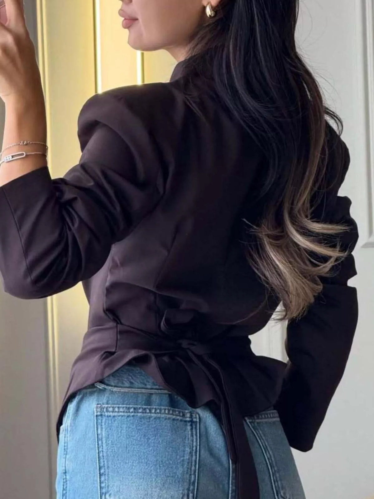V-neck long sleeve blazer, back view
