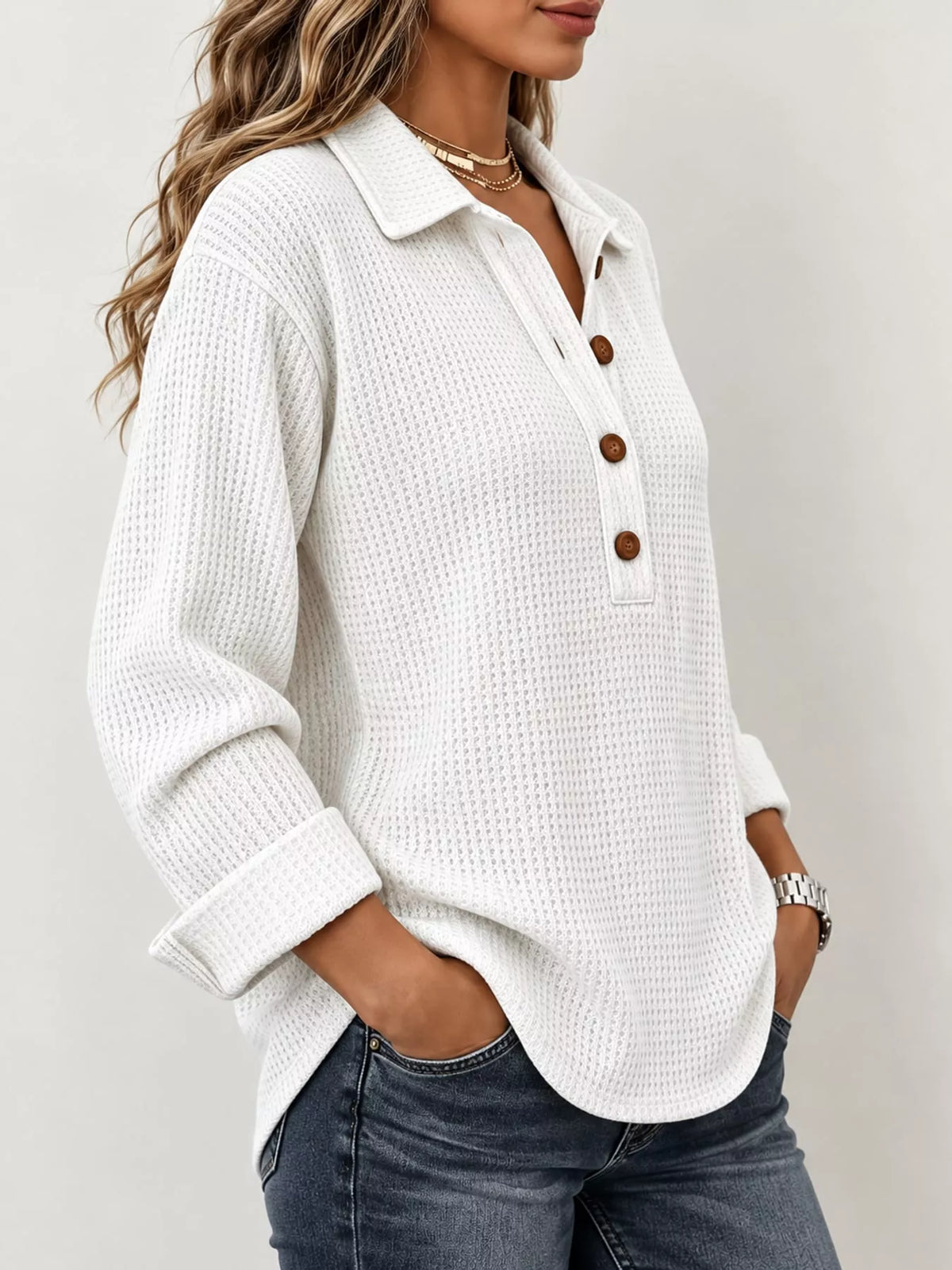 White waffle knit long sleeve polo top, side view