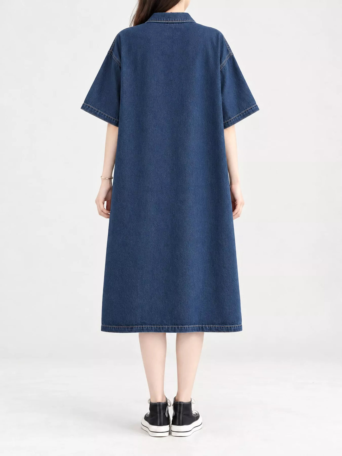 Blue button front denim shirt dress, back view
