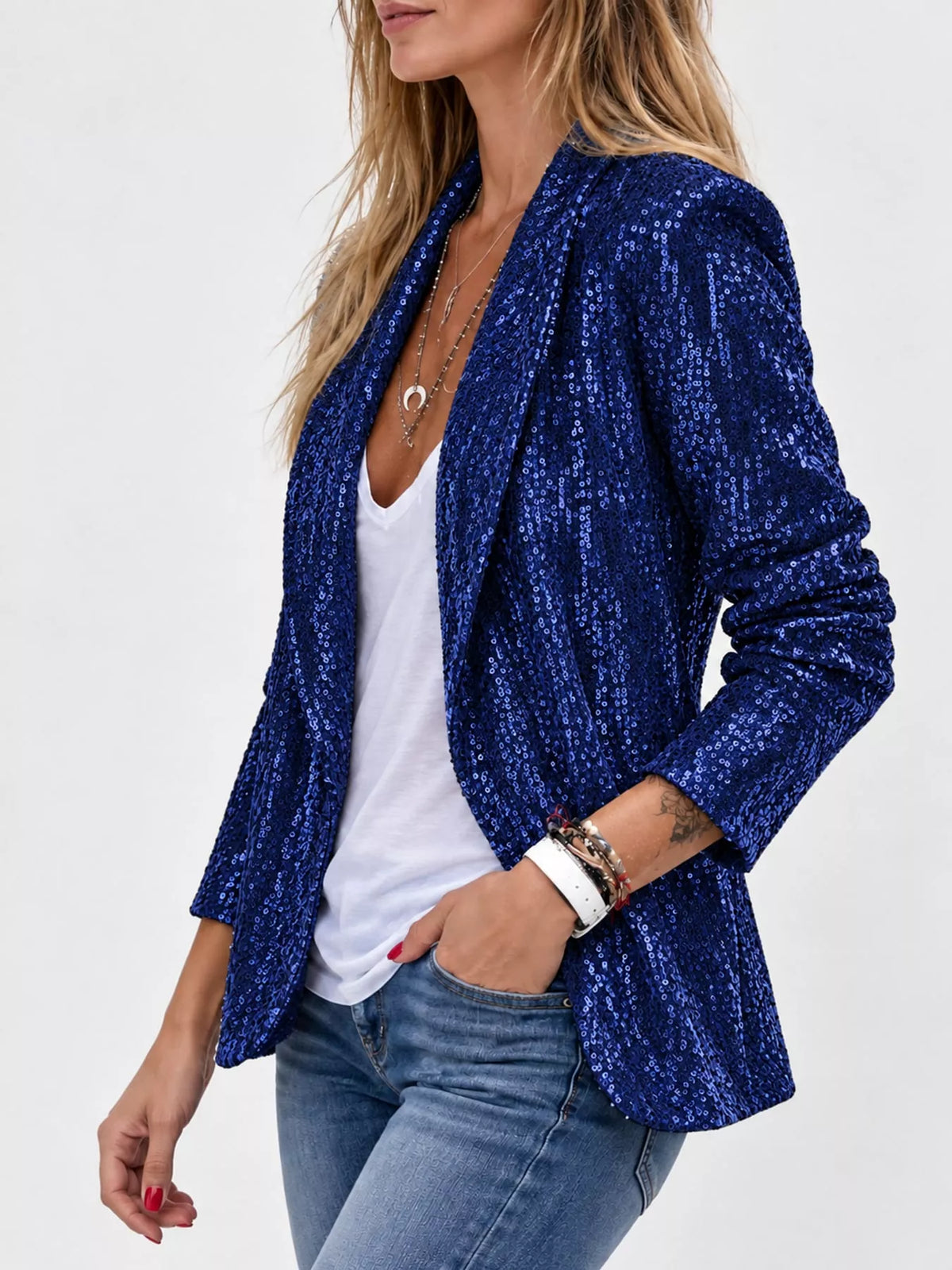 Sequin Open-Front Blazer in navy