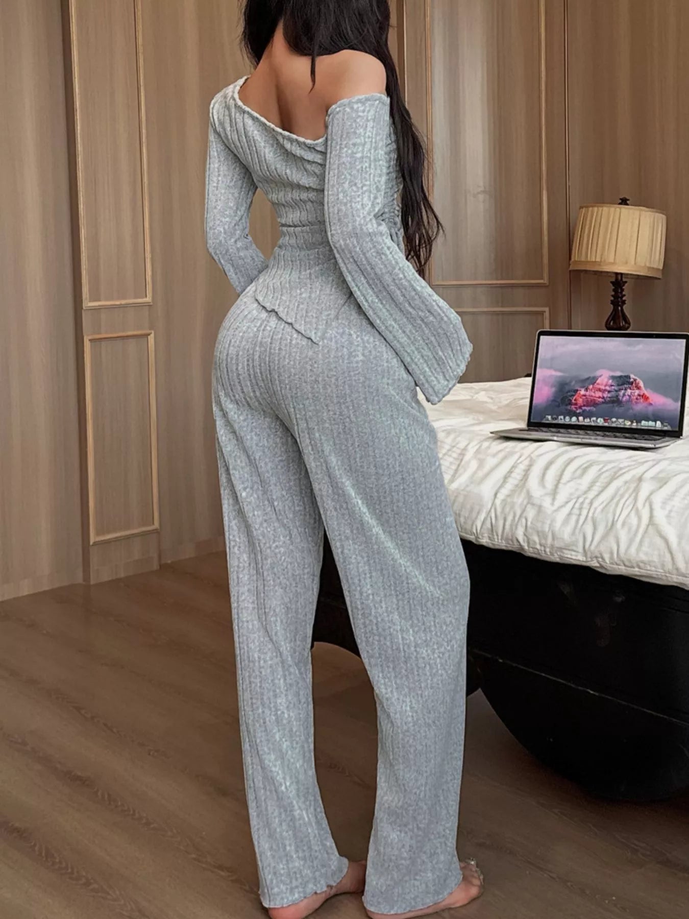 Trendsi One-Shoulder Ribbed Knit Top and Pants Set -