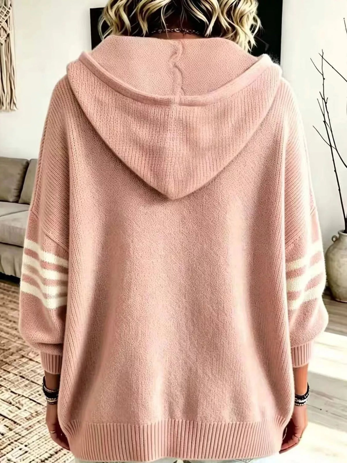 Pink hooded zip-up knit cardigan, back view
