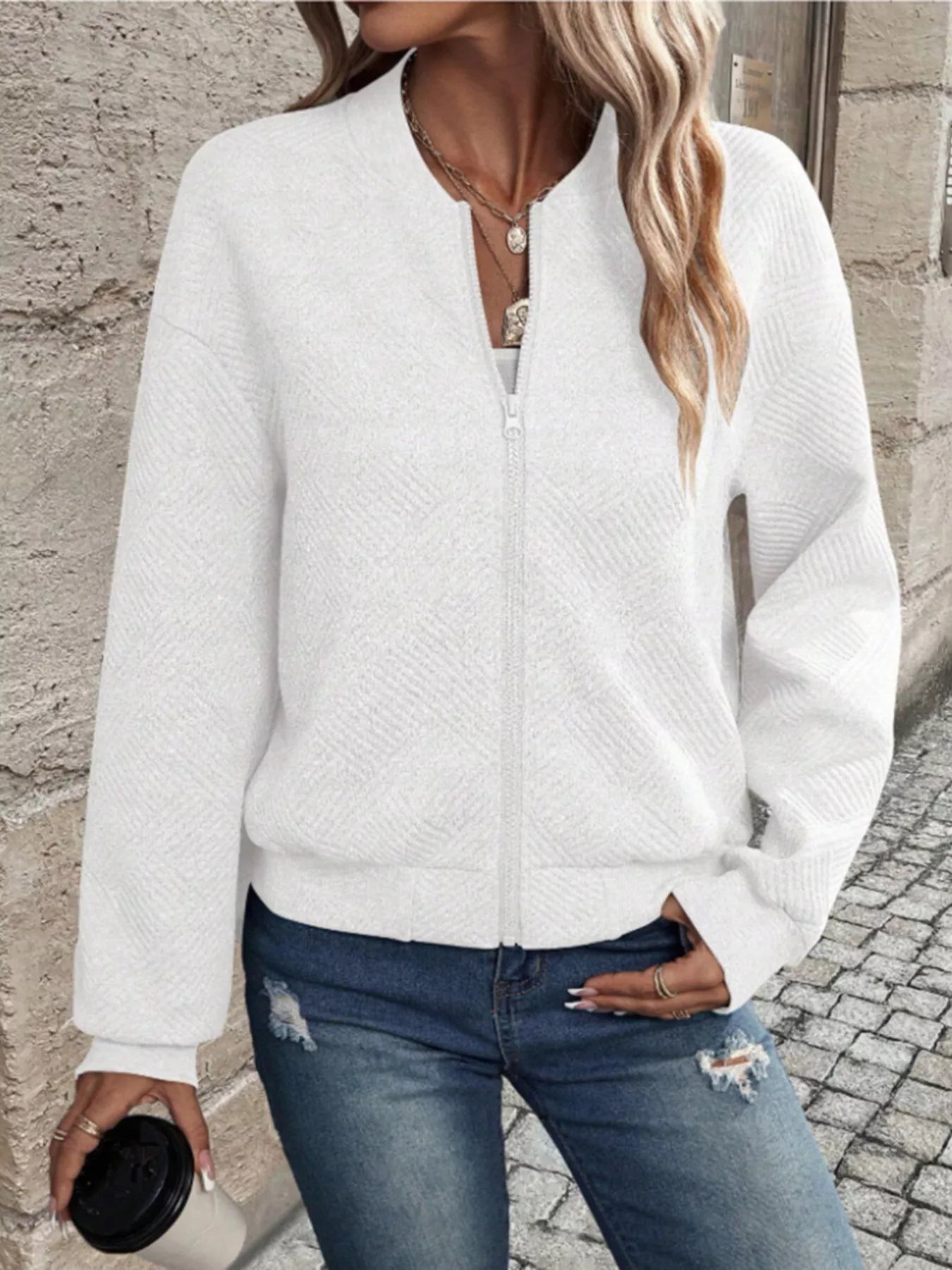 Trendsi Textured Knit Zip-Up Bomber Jacket -