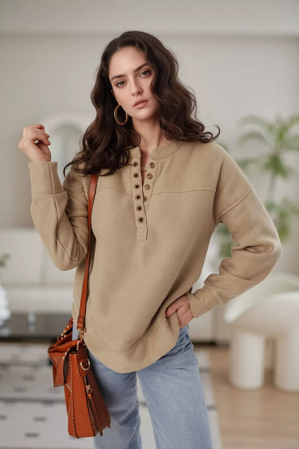 Trendsi Eyelet Button Placket Dropped Shoulder Sweatshirt -