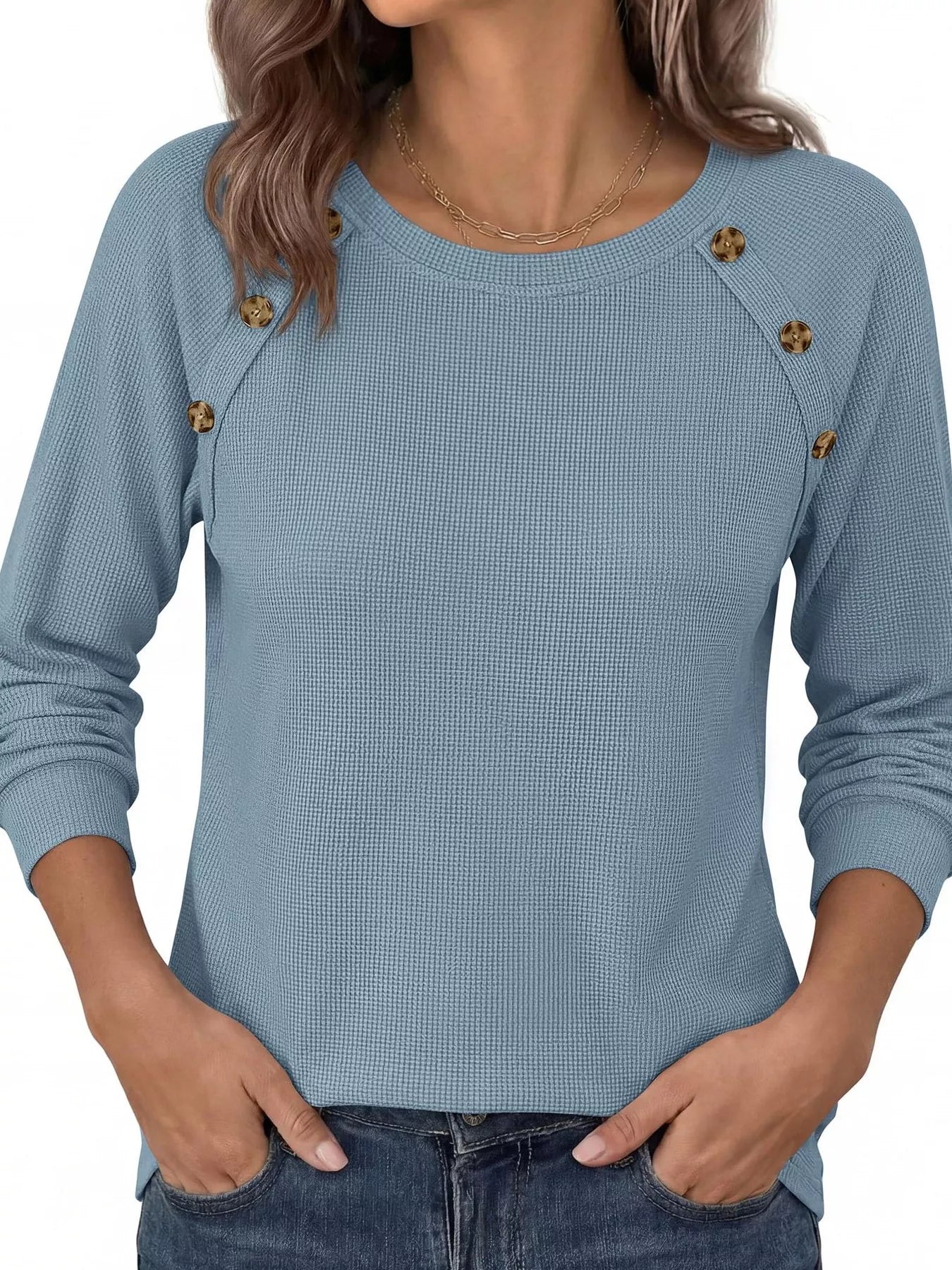 Trendsi Decorative Button Waffle Knit Long Sleeve T-Shirt -