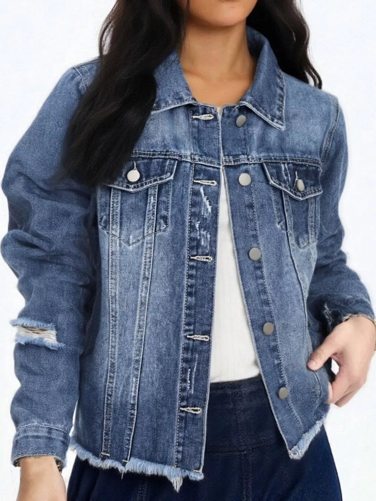 Women's Distressed Raw Hem Denim Jacket in medium blue — front view