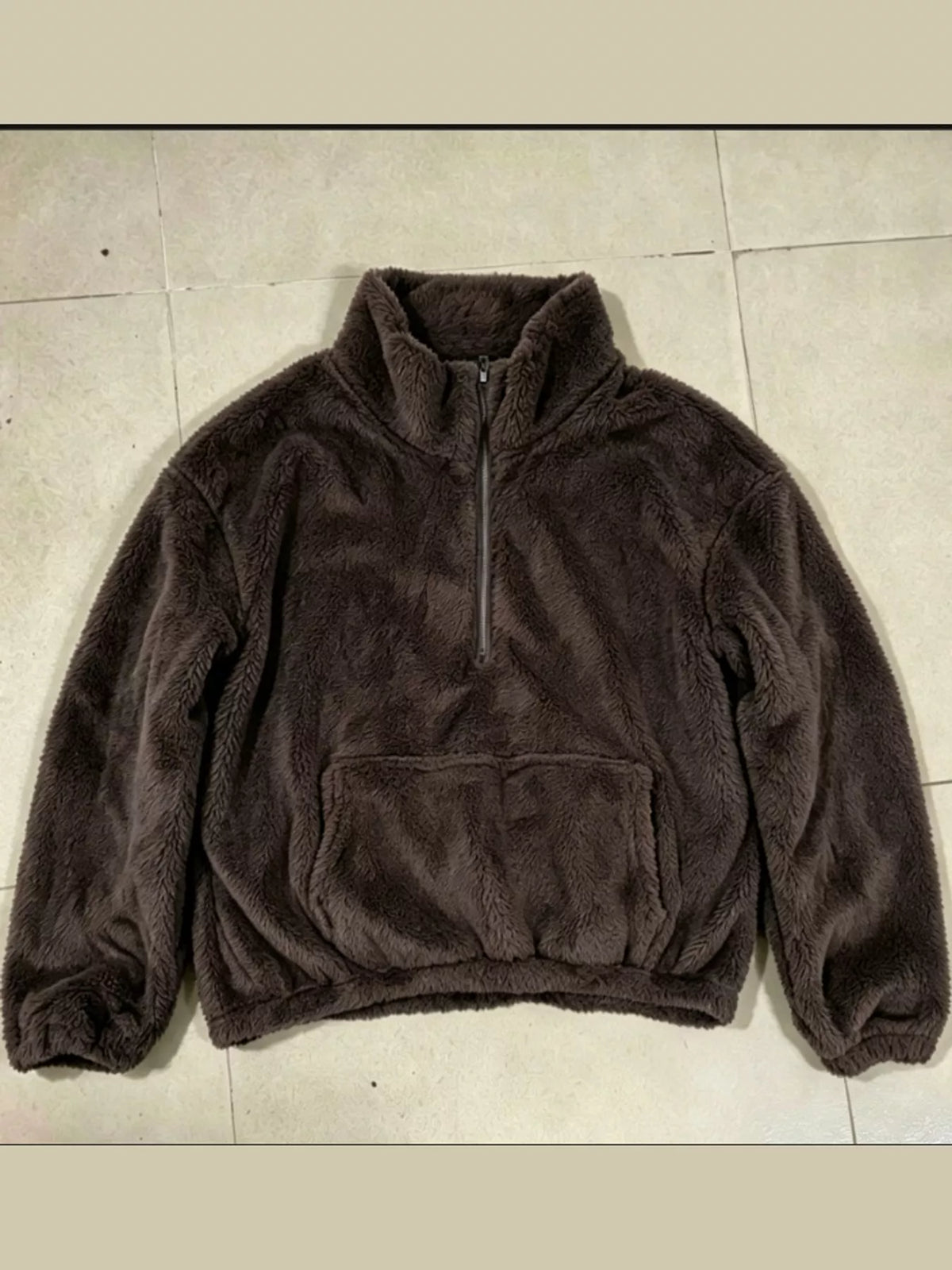 Sherpa quarter-zip sweatshirt, dark brown hanging front