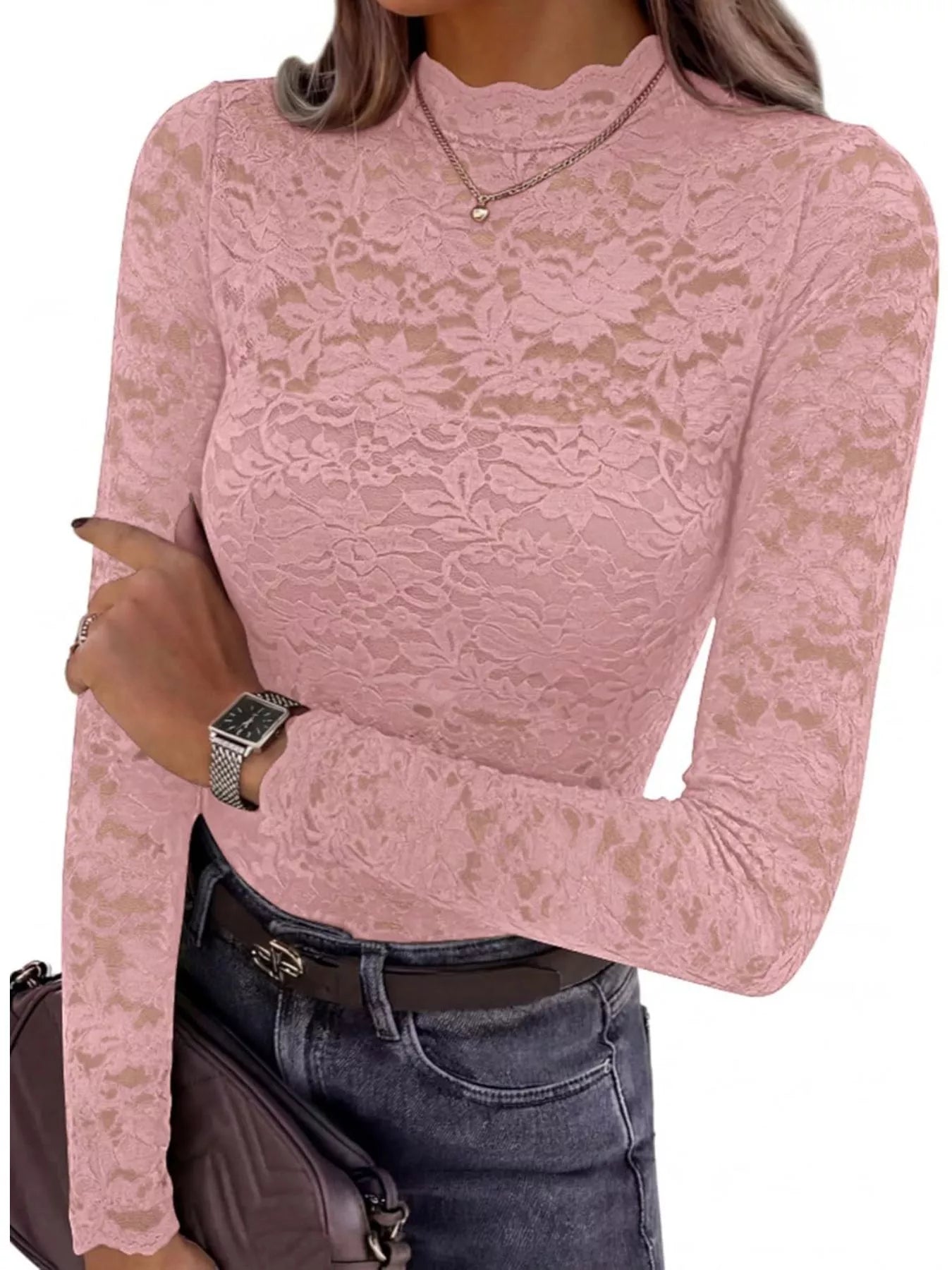 Trendsi Lace Mock Neck Long Sleeve Top -