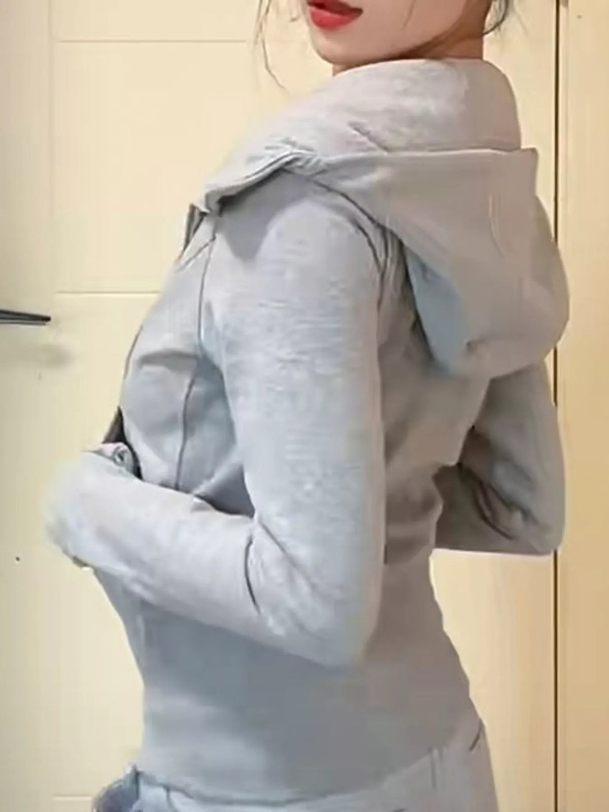 Gray slim fit full zip hoodie, side view