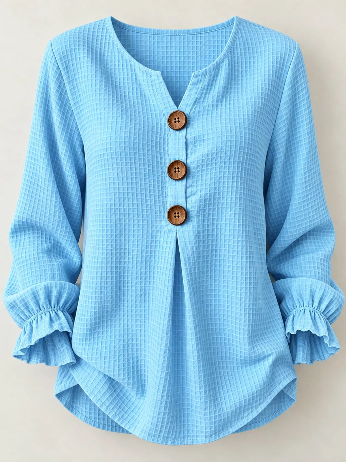 Women's Waffle Knit Flounce Sleeve Blouse in light blue — front view