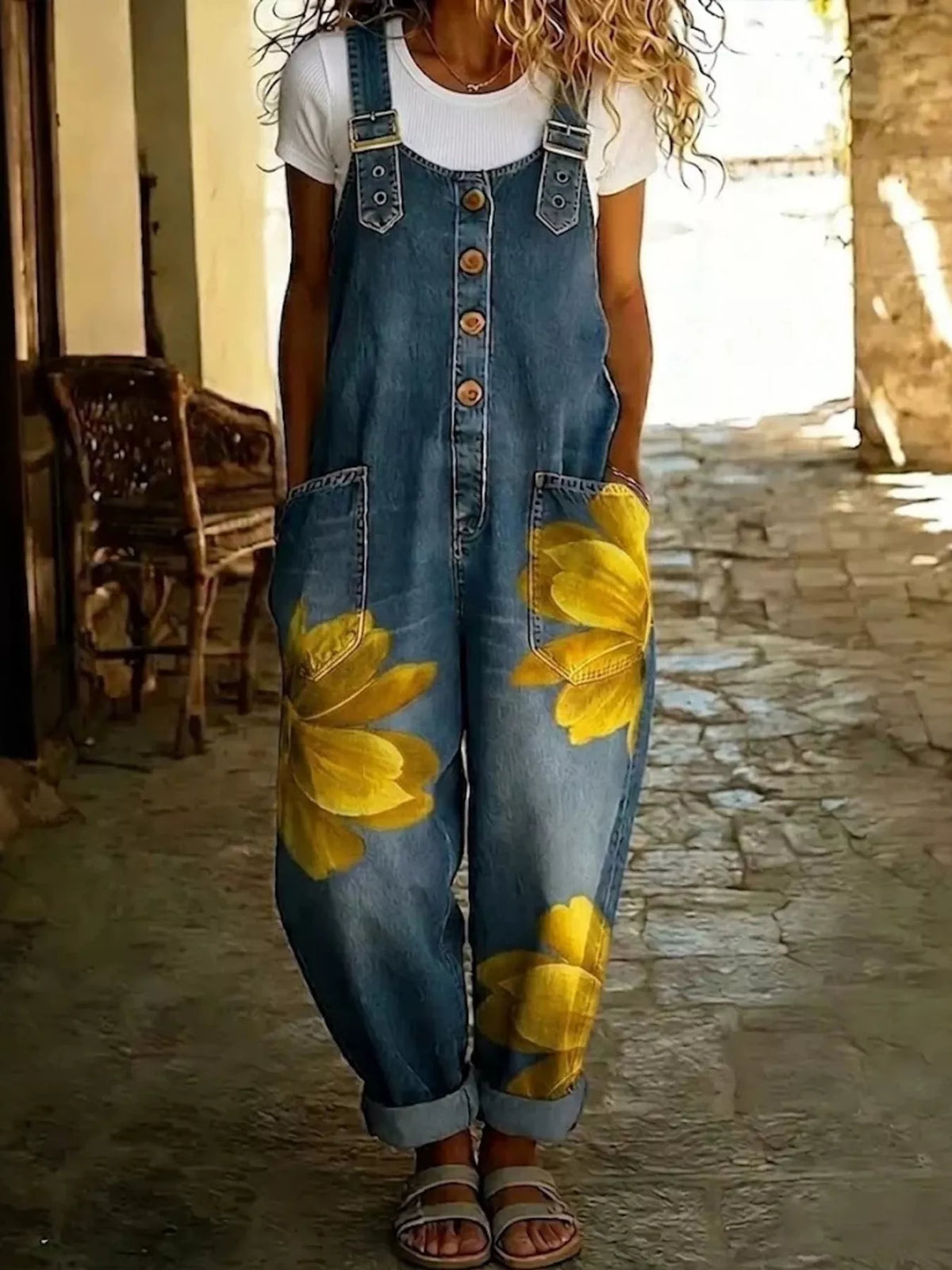 Blue and yellow floral floral print button front overalls — front view
