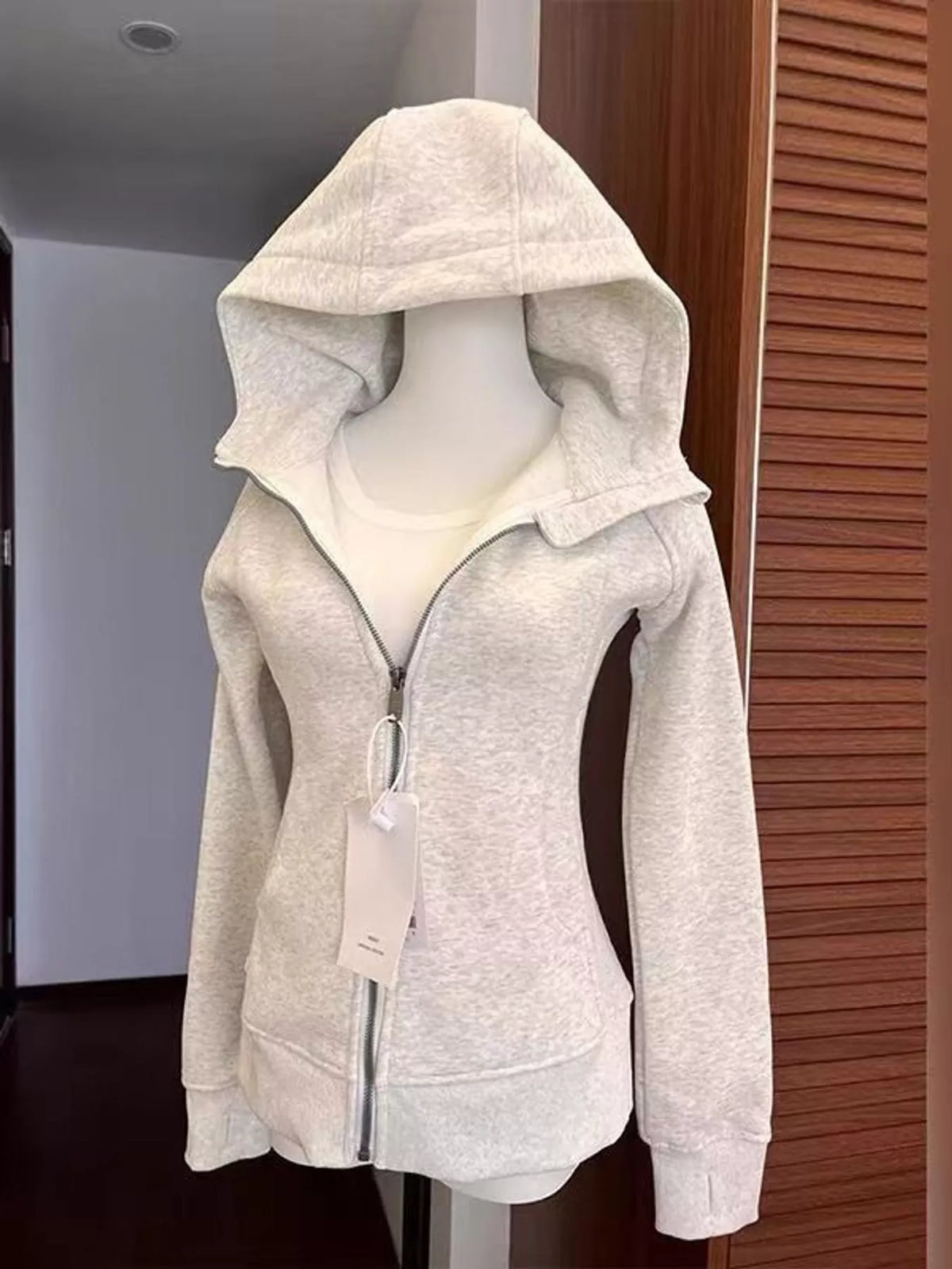 Light gray slim fit full zip hoodie, front view