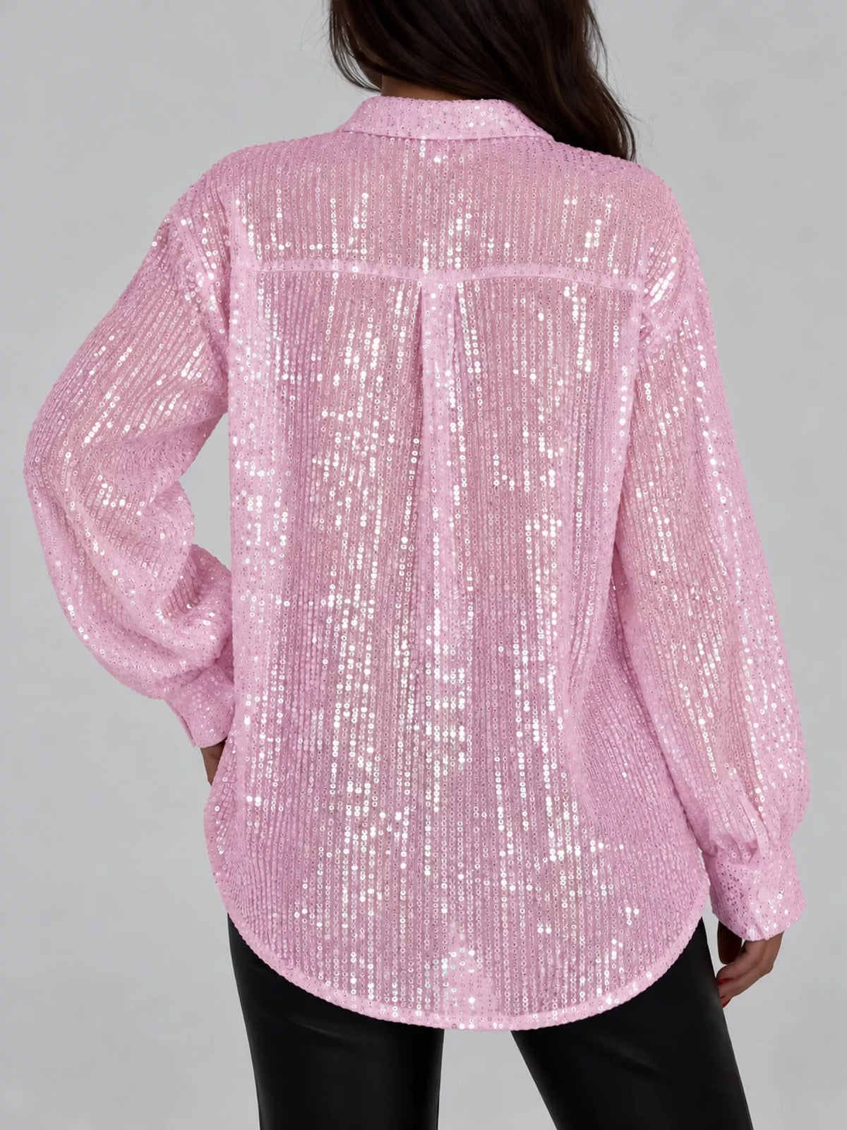 Pink sequin button up long sleeve shirt, back view