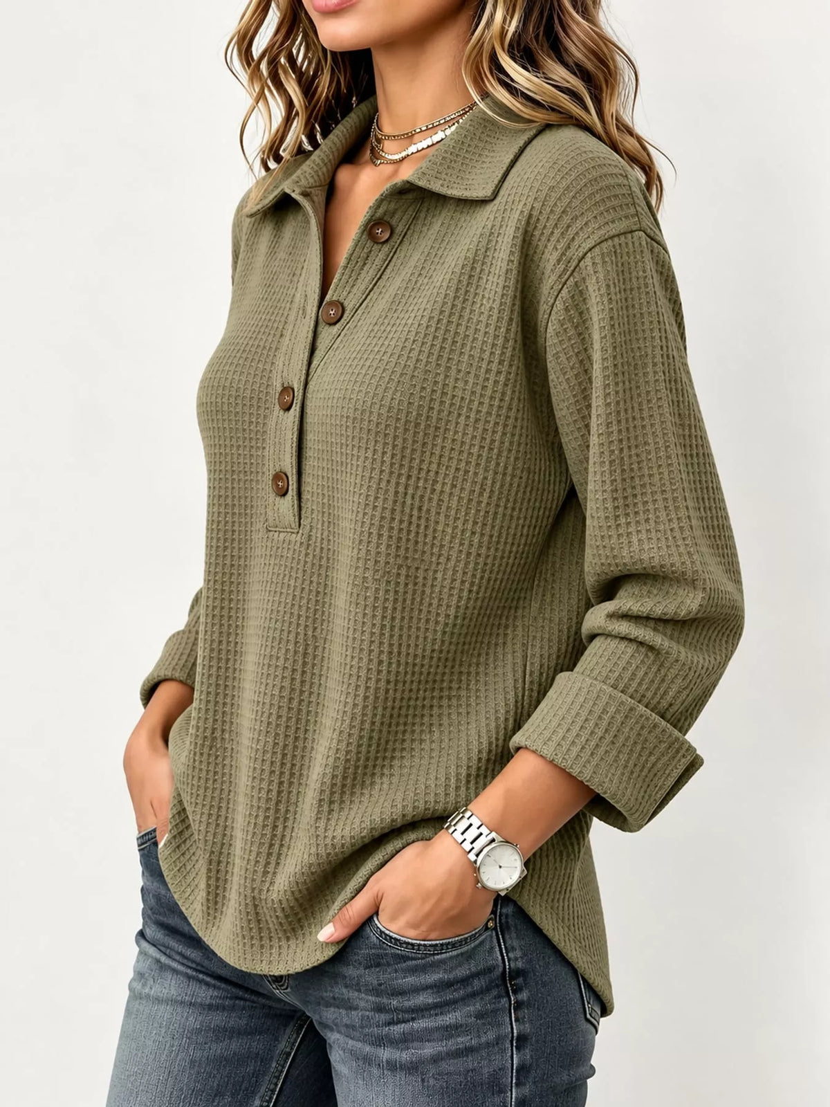 Olive waffle knit long sleeve polo top, side view