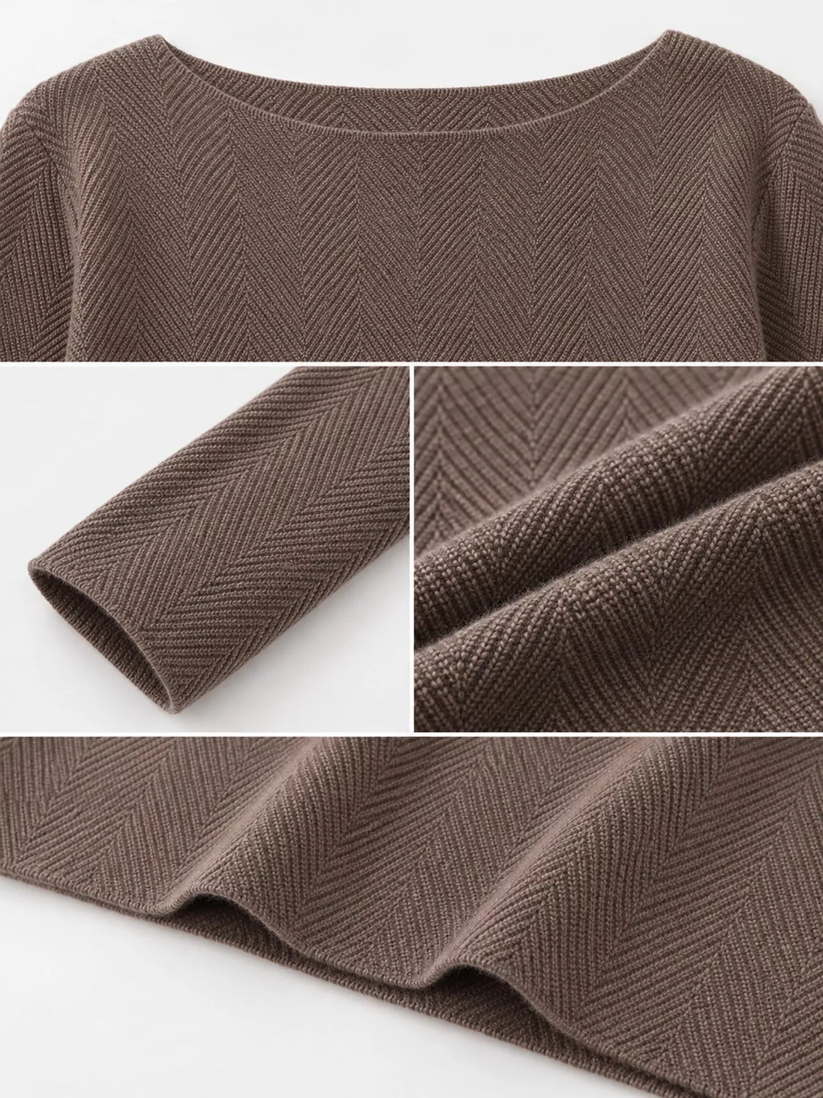 Brown herringbone knit sweater, neckline, sleeve, hem, and herringbone knit