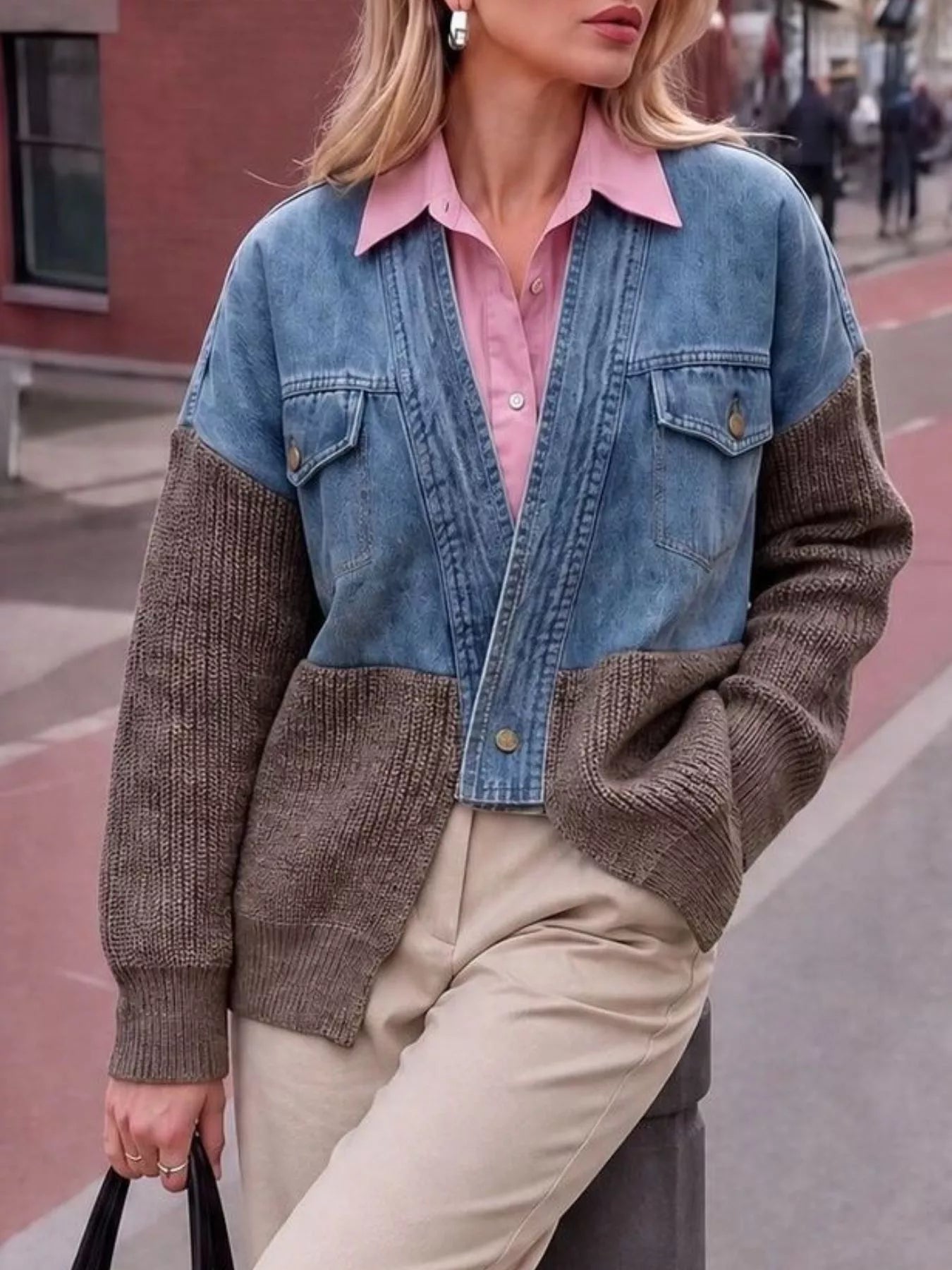 Trendsi Contrast Denim and Knit Patchwork Cardigan -