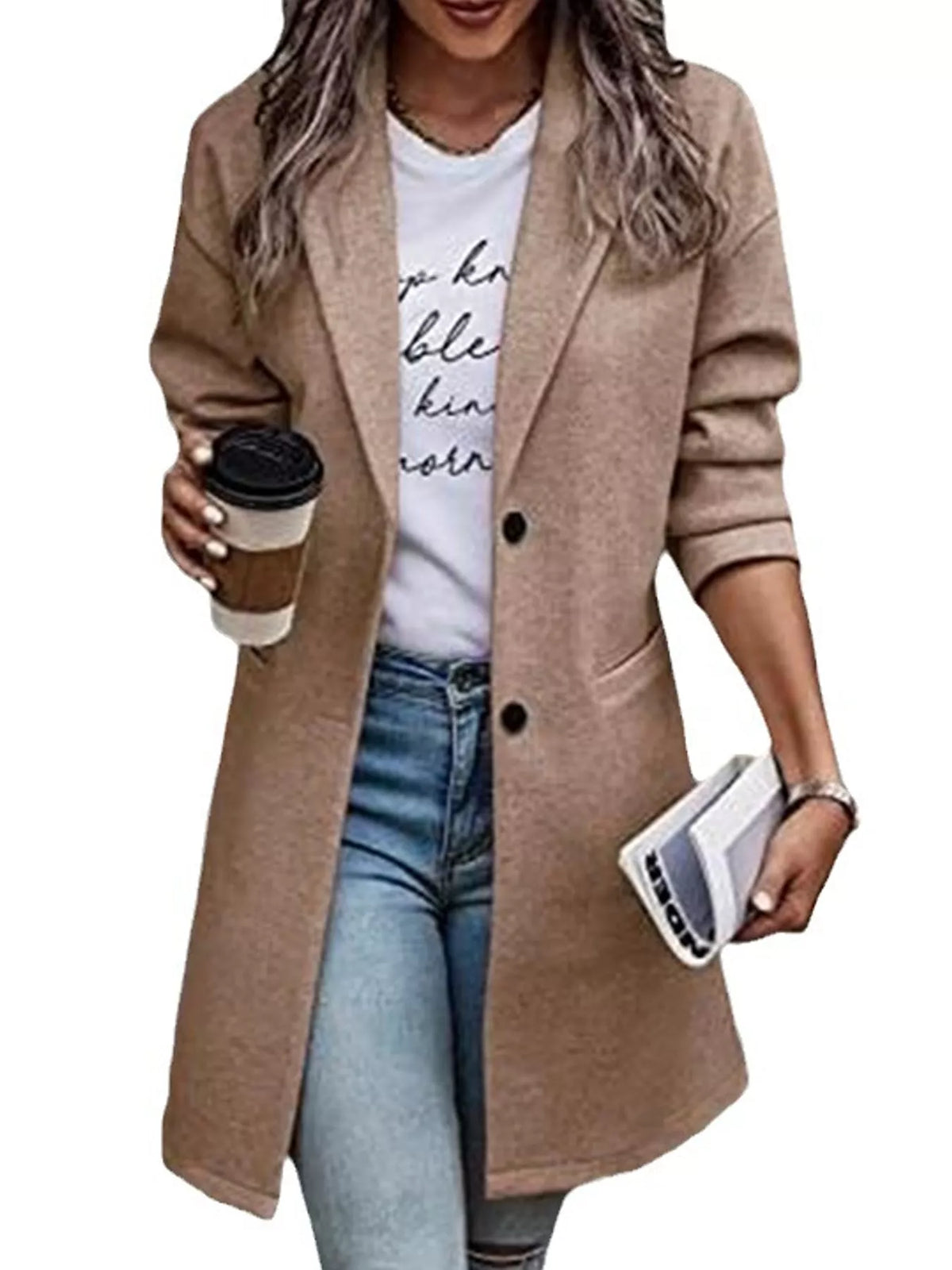 Camel lapel collar button-up coat