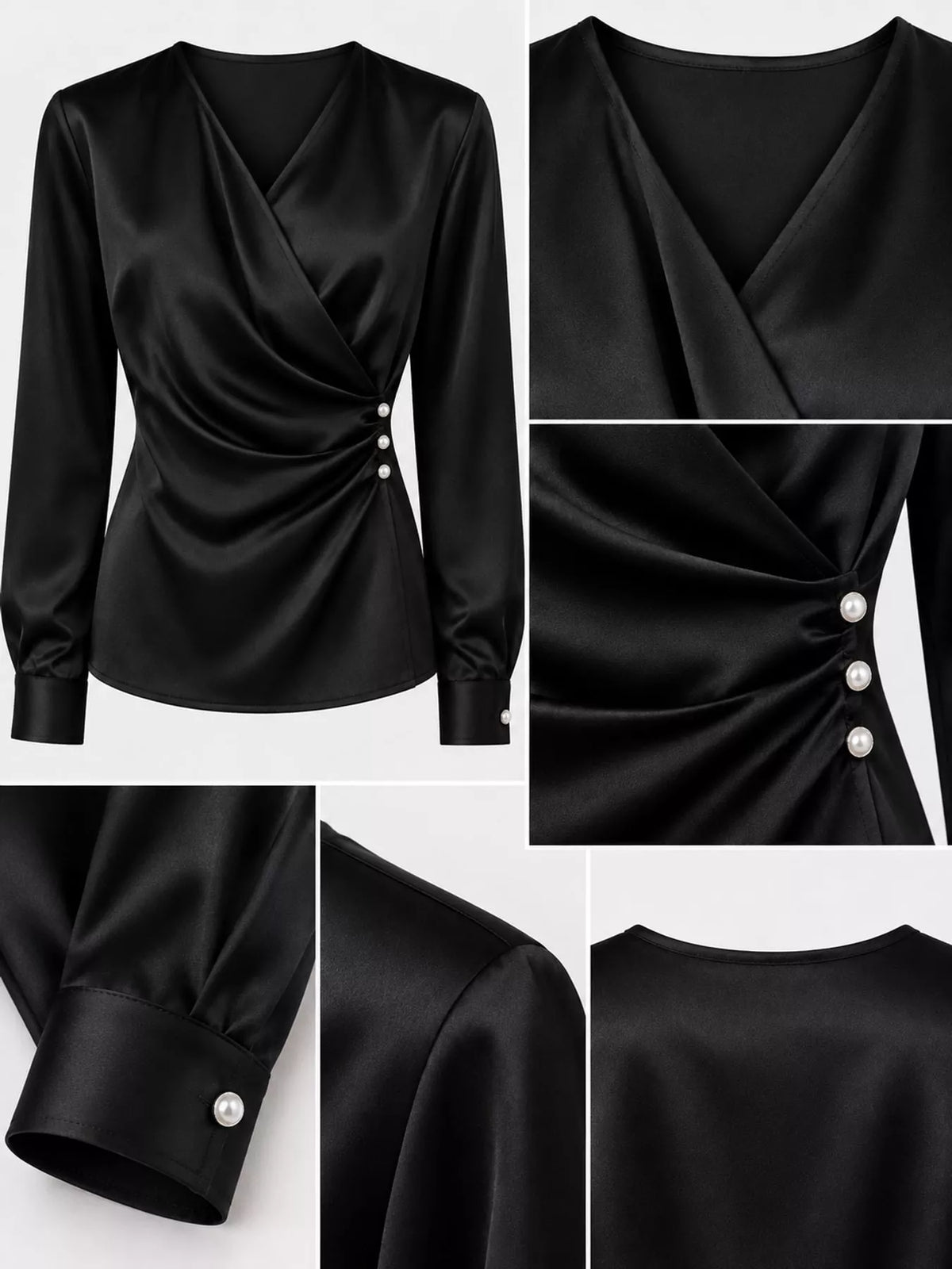 Surplice blouse, black neckline button and cuff details