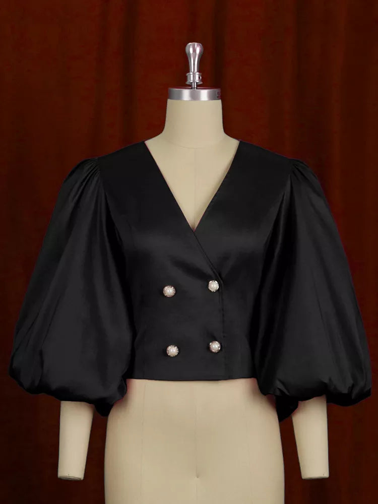 Black double-breasted puff sleeve blouse, product view