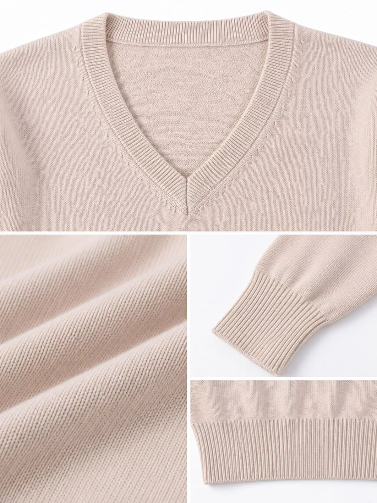 Women's V-Neck Long Sleeve Sweater in cream — detail collage view