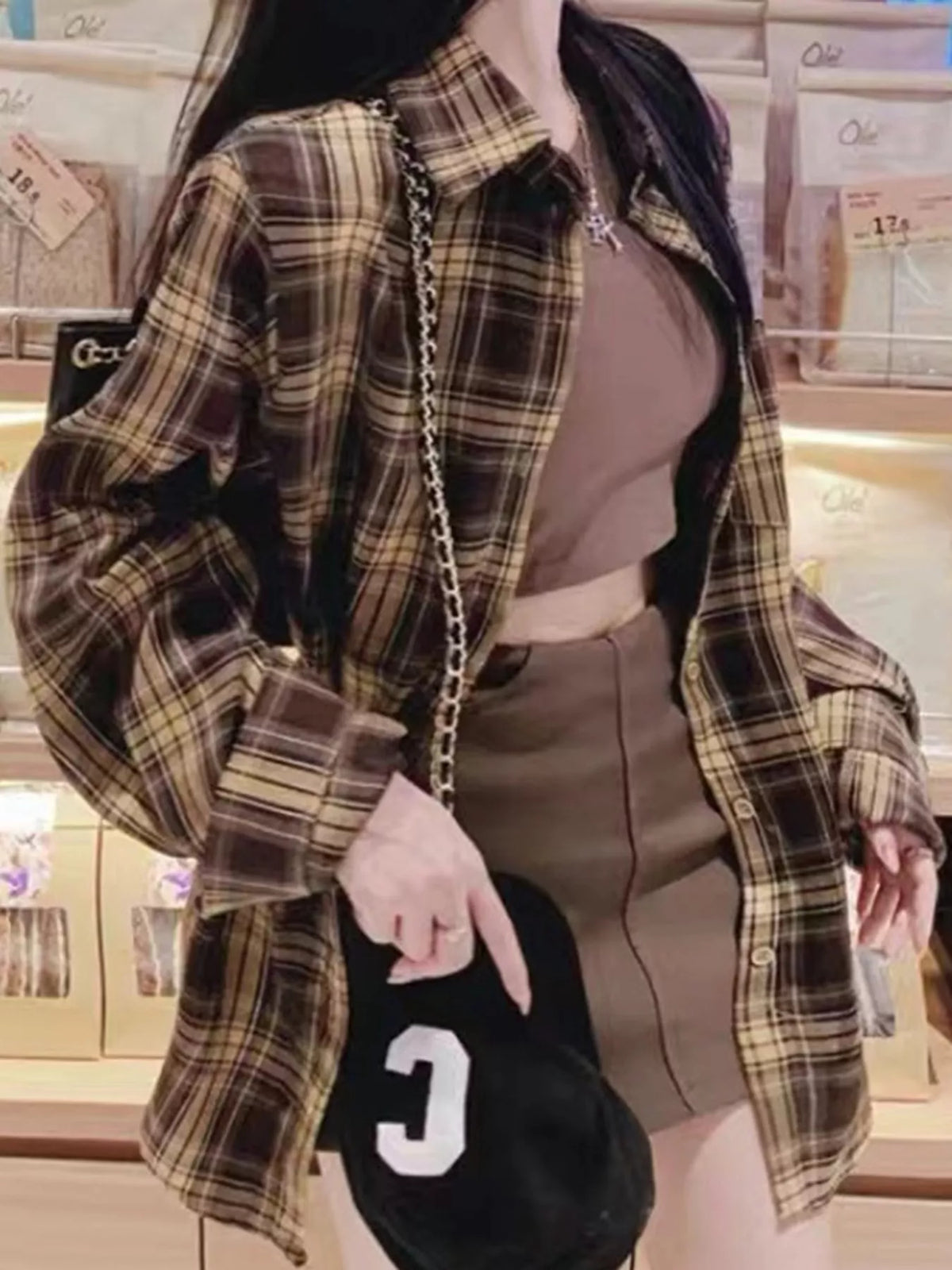 Brown and cream loose-fit plaid shirt