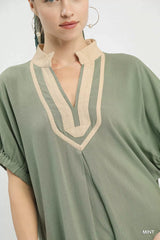 Trendsi Umgee Linen Contrast Trim V-Neck Blouse -