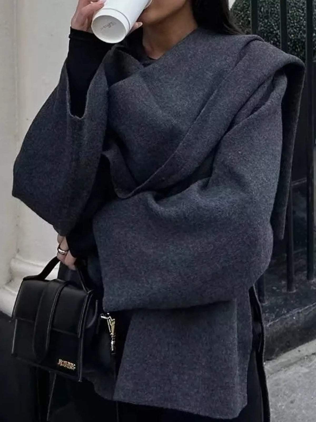 Oversized Drape-Front Knit Cardigan — front view