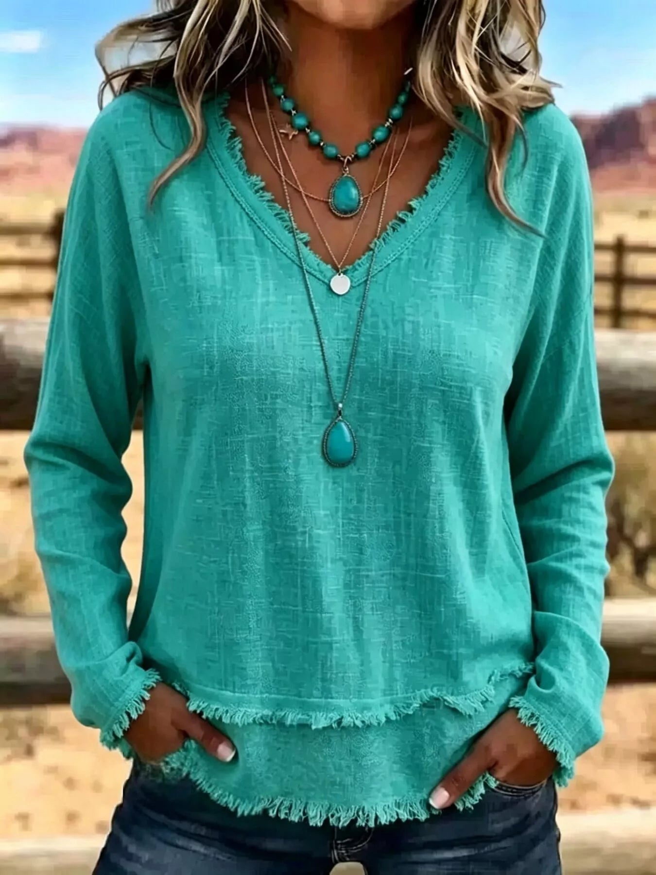 Trendsi V-Neck Long Sleeve Blouse with Frayed Hem Detail -