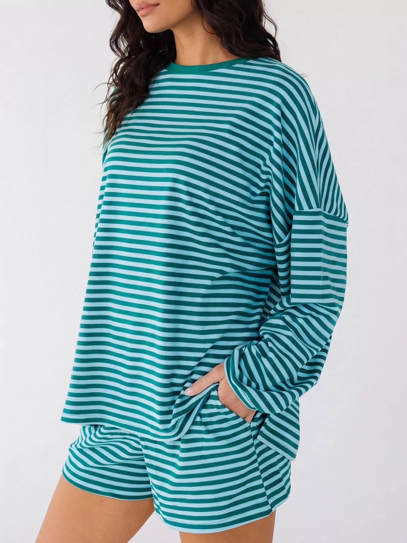 Trendsi Casual Striped Long Sleeve Top and Shorts Set -