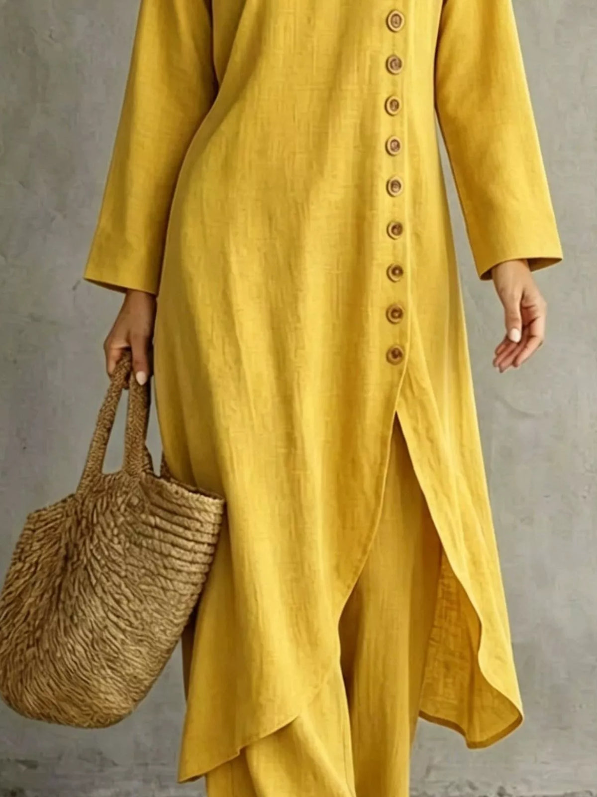 Yellow longline top and pants set, button detail