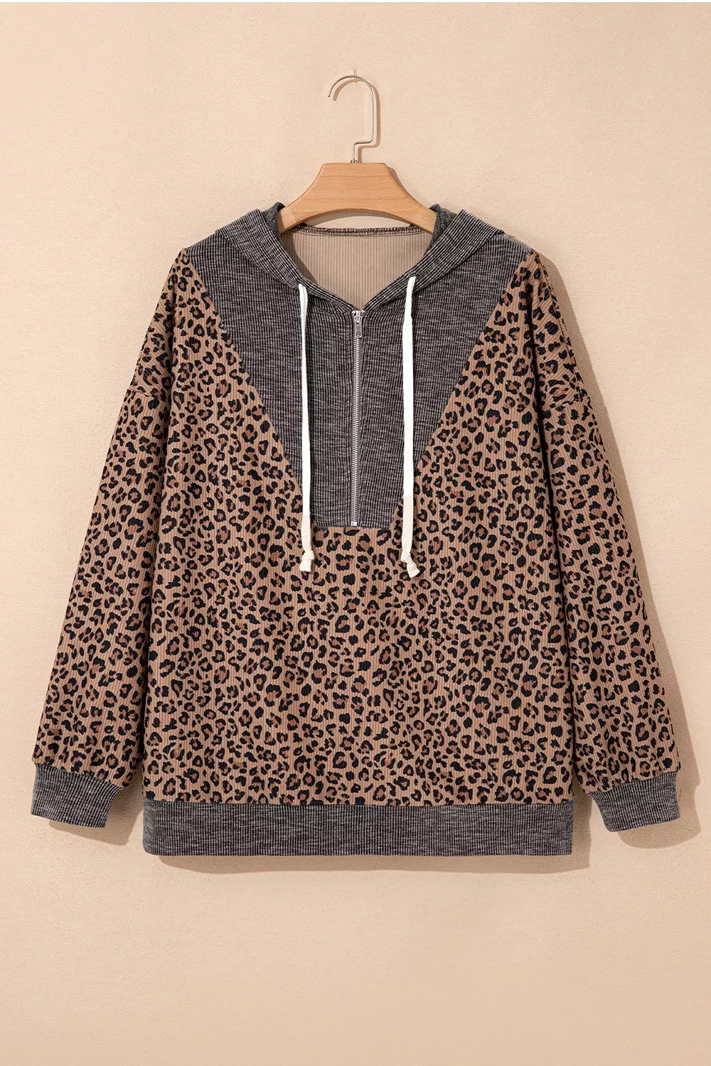 Trendsi Leopard Print Quarter-Zip Hoodie -