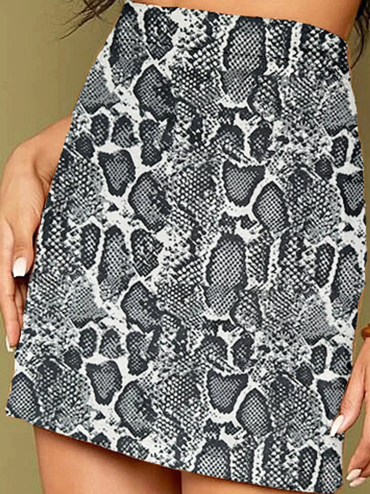 Zip-up mini skirt, gray snakeskin-print side
