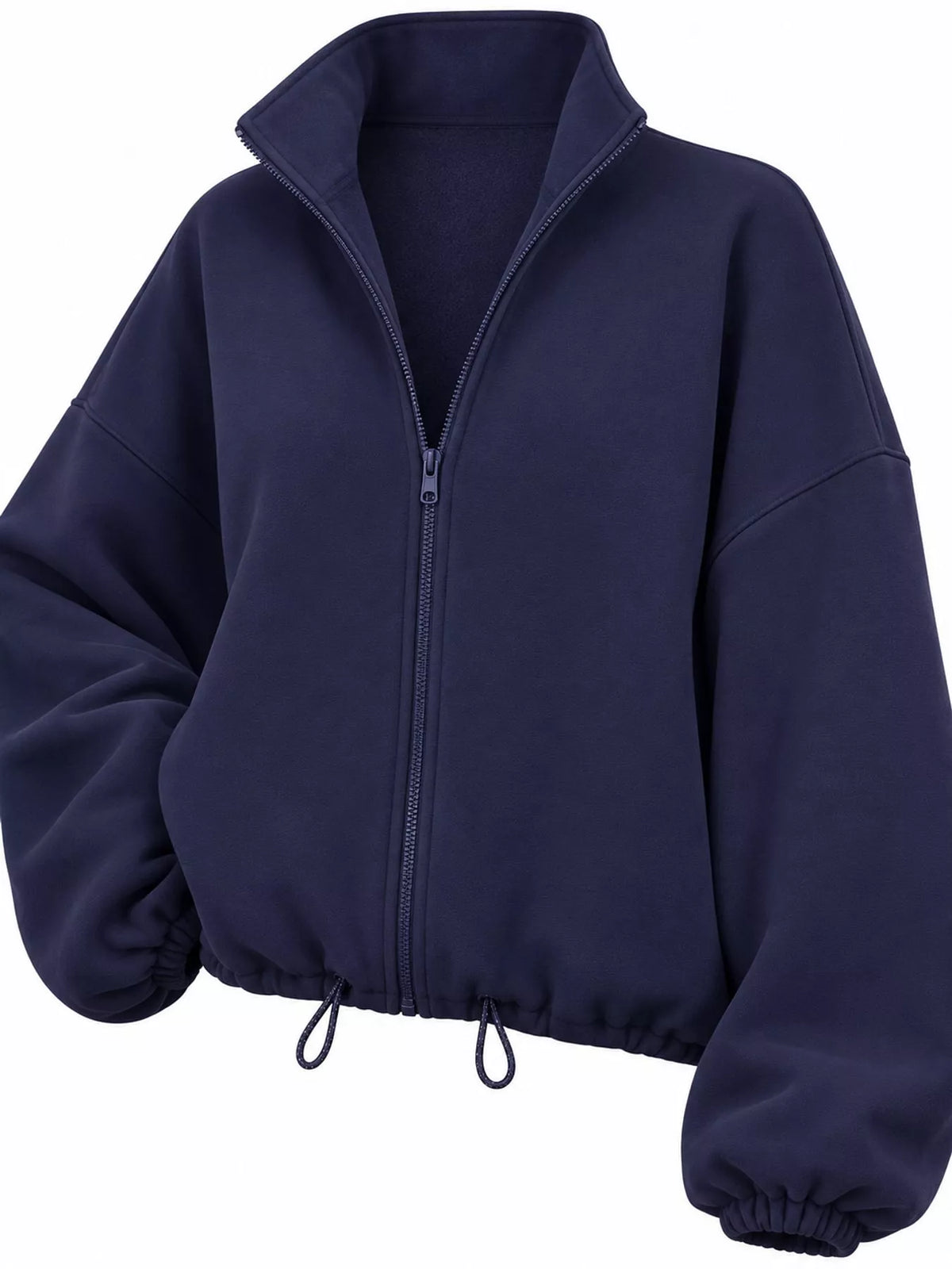 Navy drawstring hem zip-up jacket, zip front, elastic cuffs, and drawcord hem